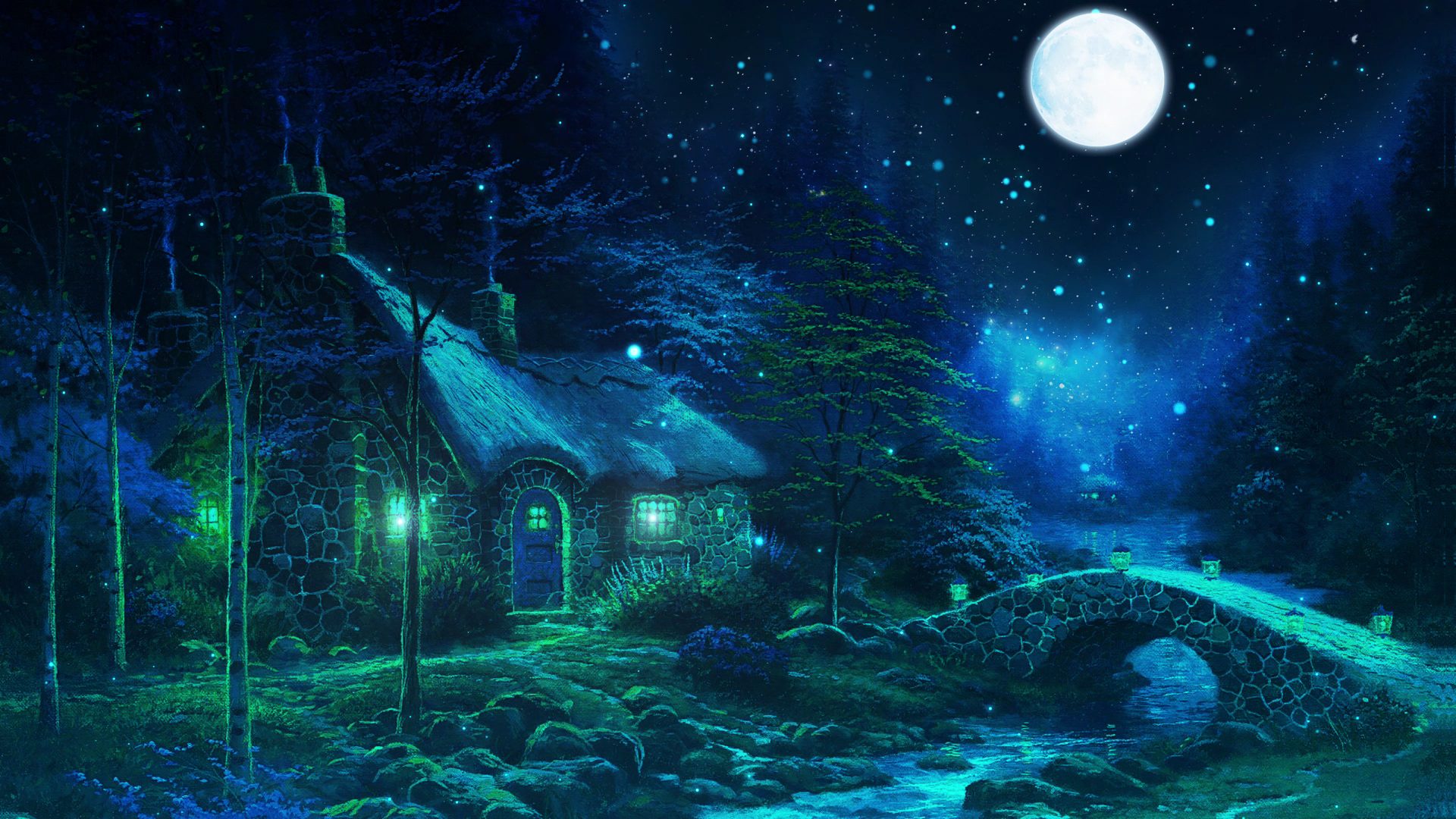 唯美神秘森林小屋月亮星空背景