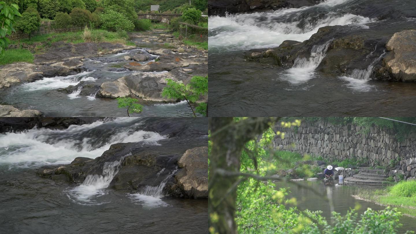 山间小溪流水延时,溪边的绿植,在河里洗东西的农民,分辨率1080p,码率
