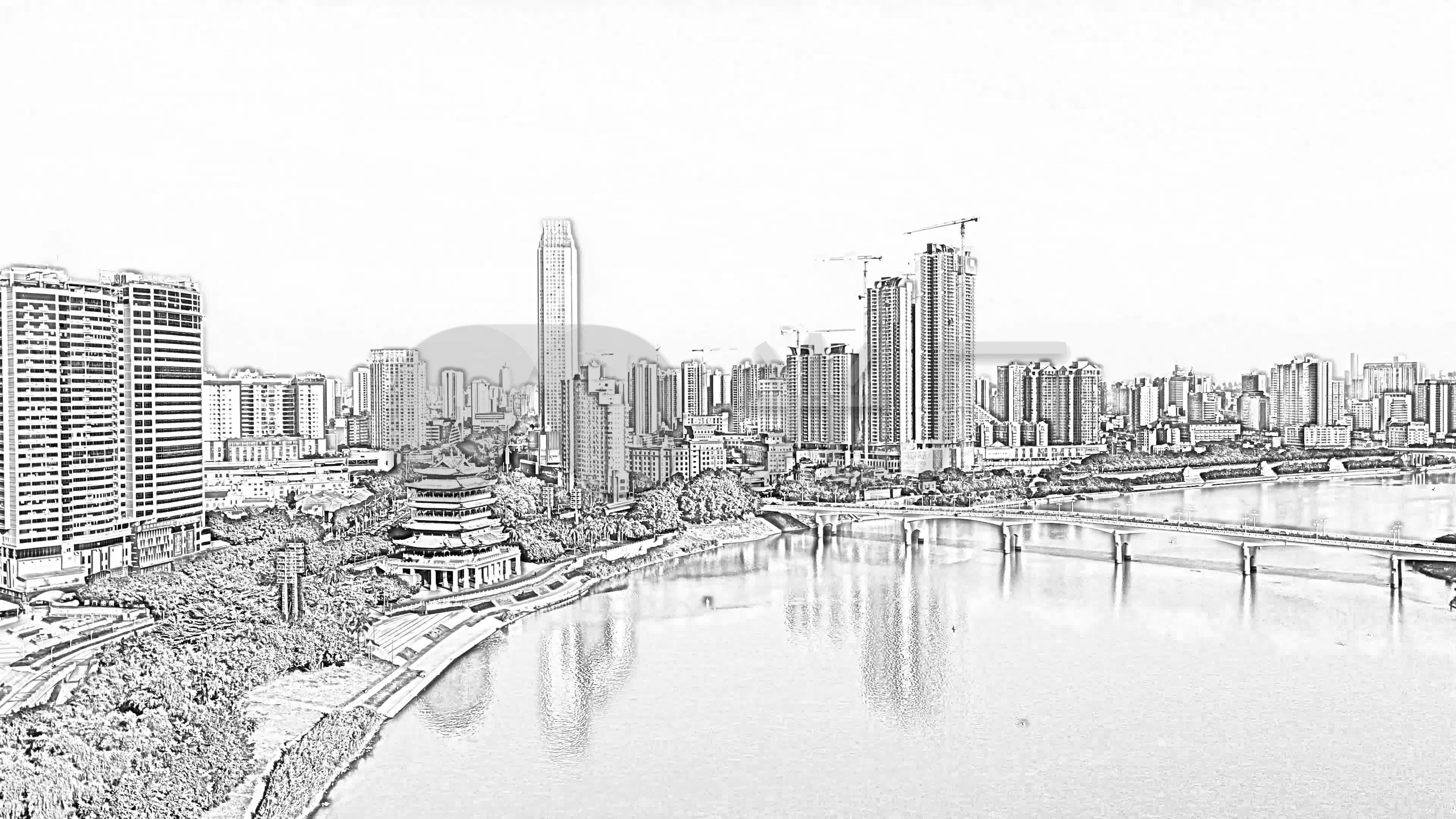 素描漫画效果南宁城市风光_3840x2160_高清视频素材下载(编号:5464409