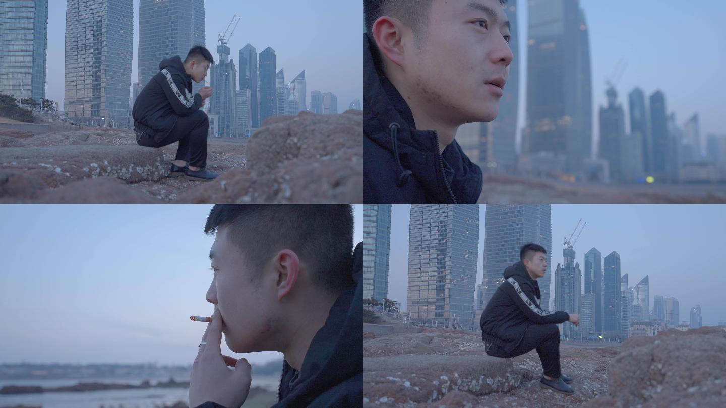 4k海边孤独少年-悲伤情绪伤心失落