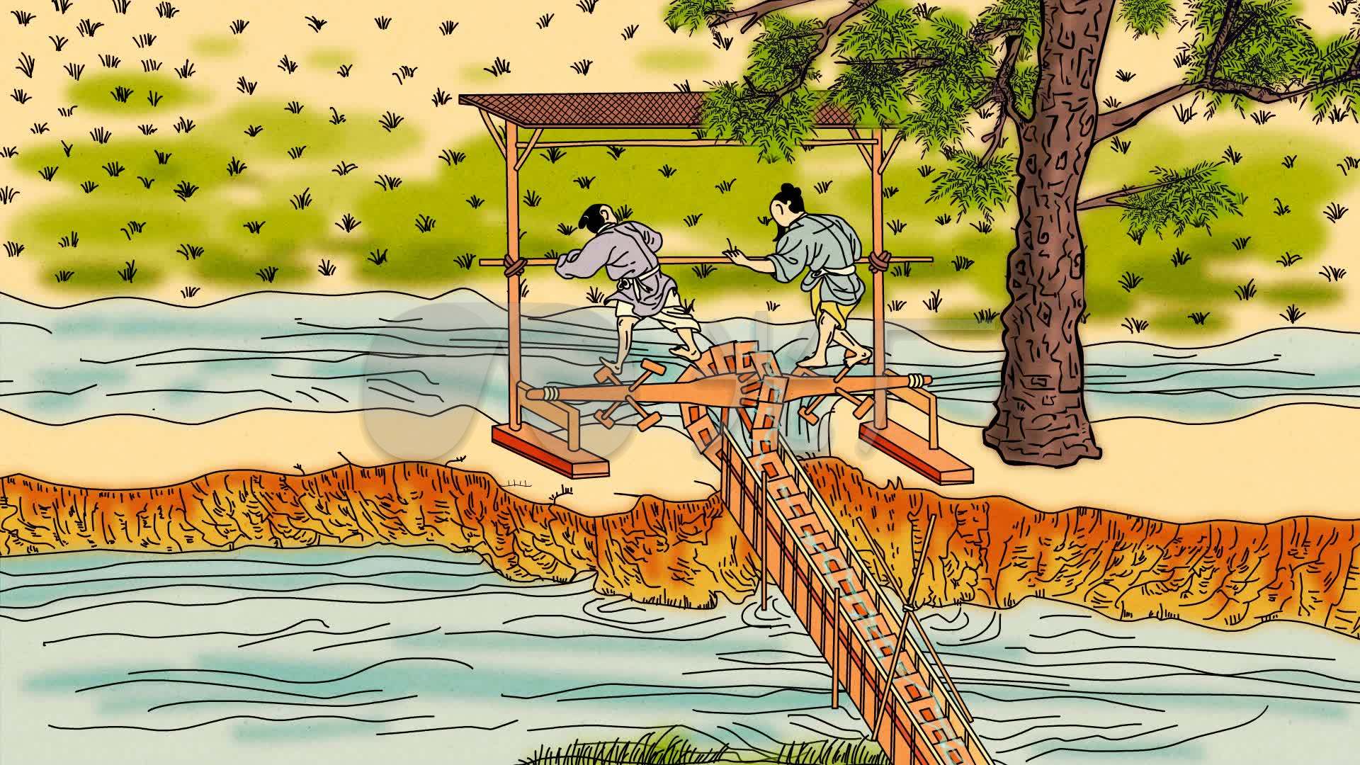 古代踩水灌溉农田动画_1920x1080_高清视频素材下载