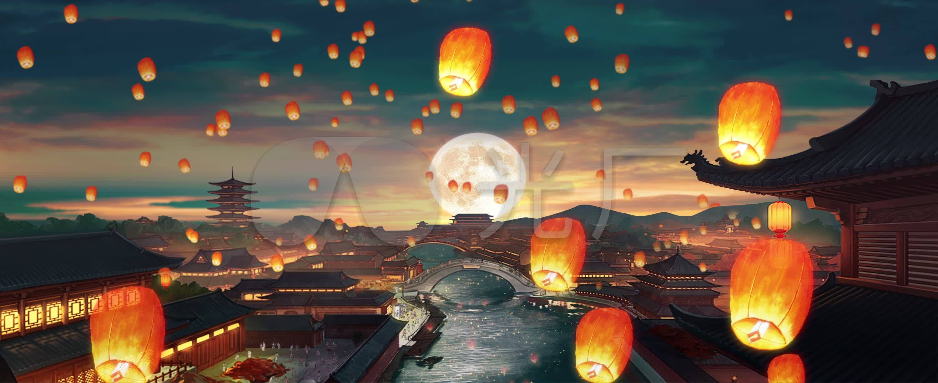 孔明灯中国风夜景led背景动画