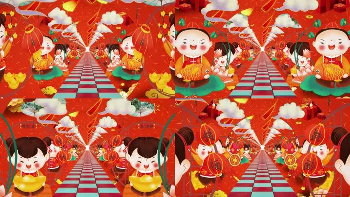 4k喜庆中国娃娃红火过年舞蹈舞台背景