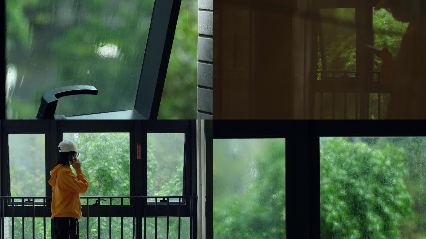 下雨天窗边打电话窗外推开窗户打开窗户窗户玻璃上的雨水雨滴滑落情感
