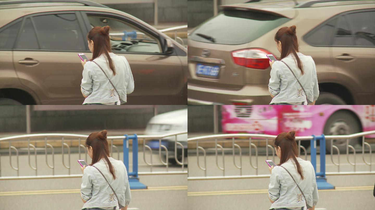美女手机马路车流背影街道