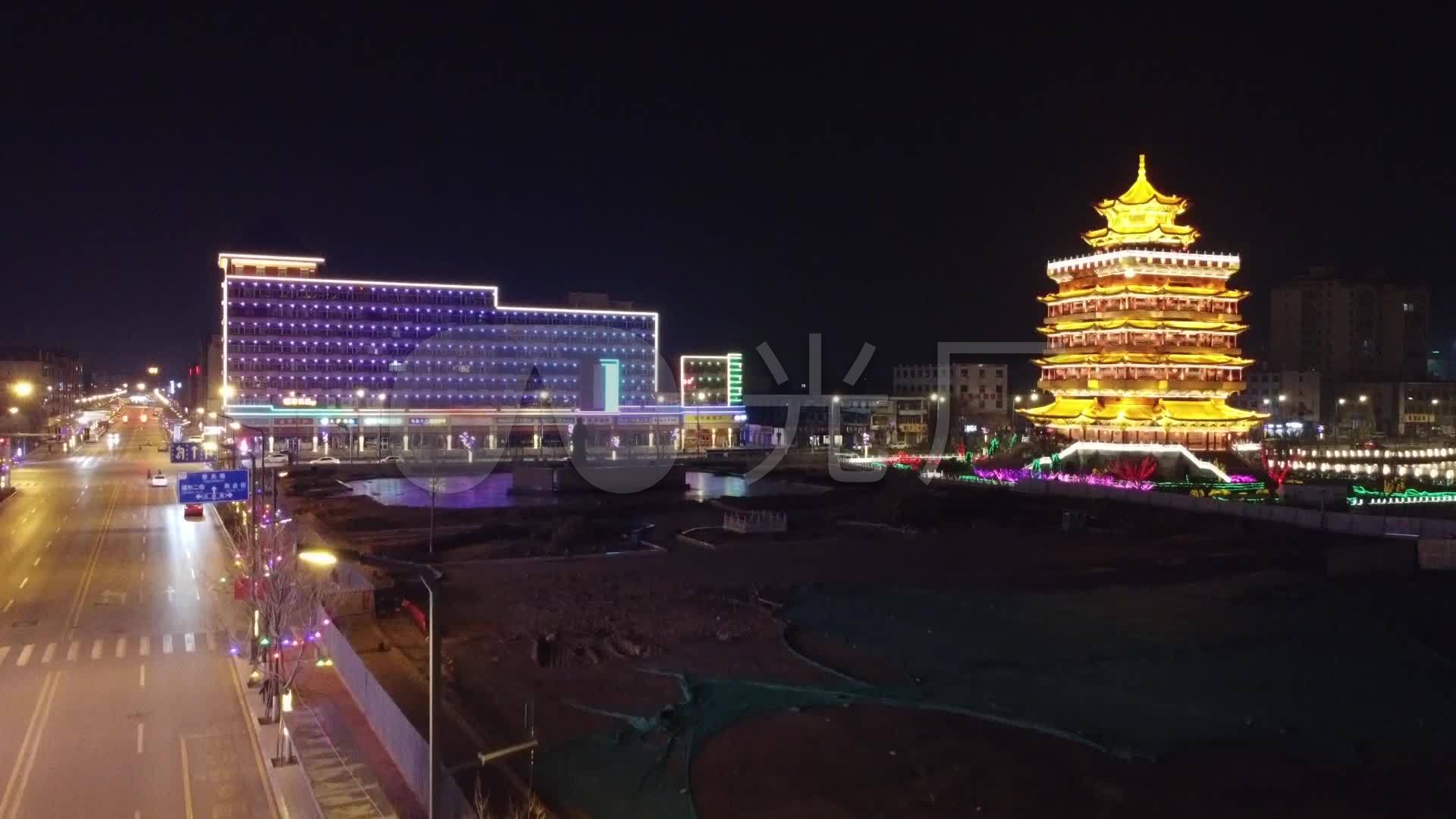 清徐东湖水塔航拍夜景_1920x1080_高清视频素材下载