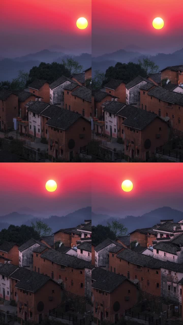 阳产土楼夕阳唯美风景土楼乡村乡下农村古镇晚霞火烧云日落背景视频小