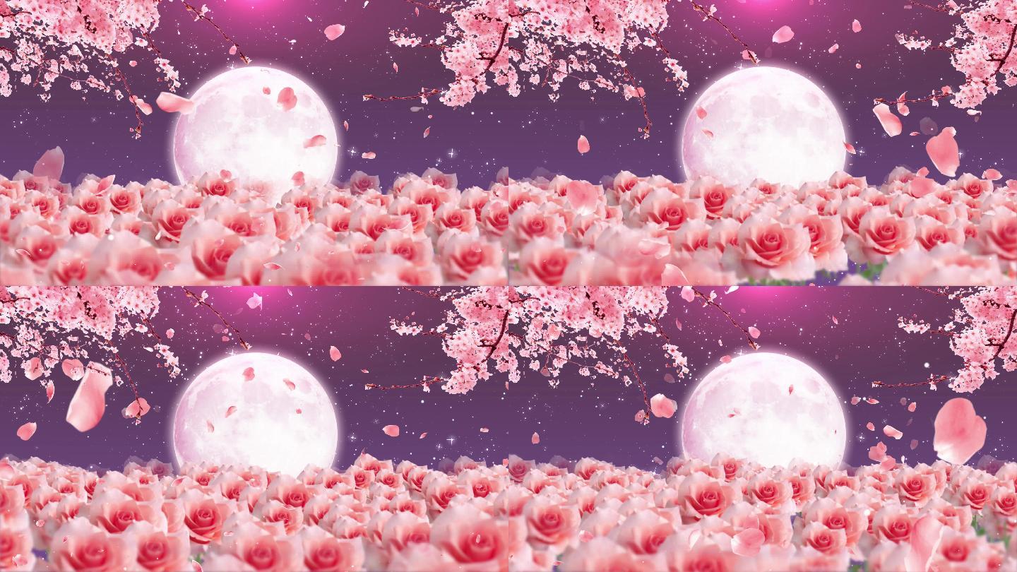 花朵推进月亮月光浪漫祝福唯美梦幻场景舞台粉色气氛背景
