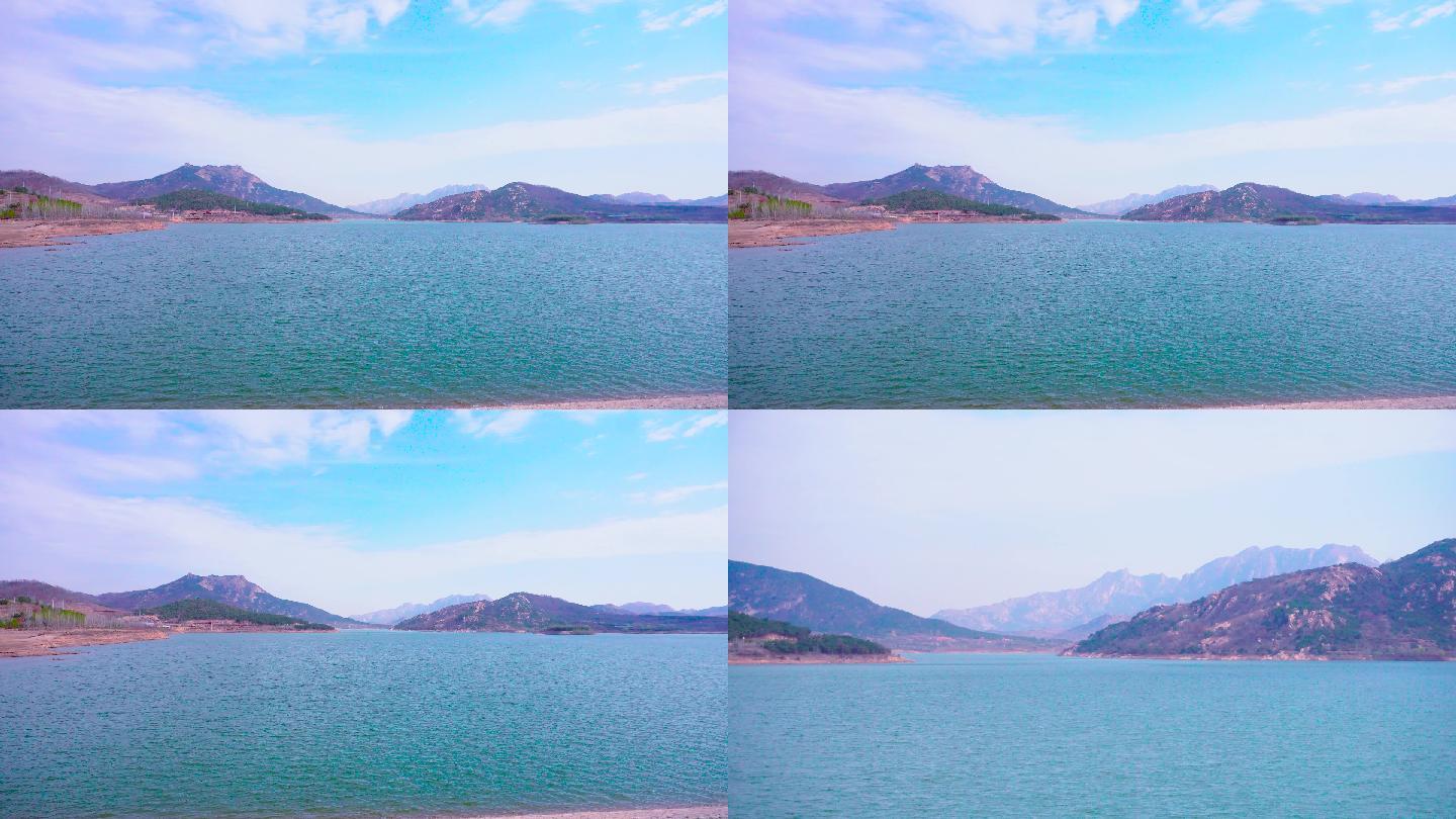 日照马陵水库全景水波波光粼粼以及远处的山