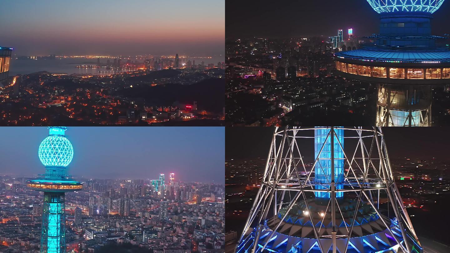 电视塔航拍夜景青岛城市风光