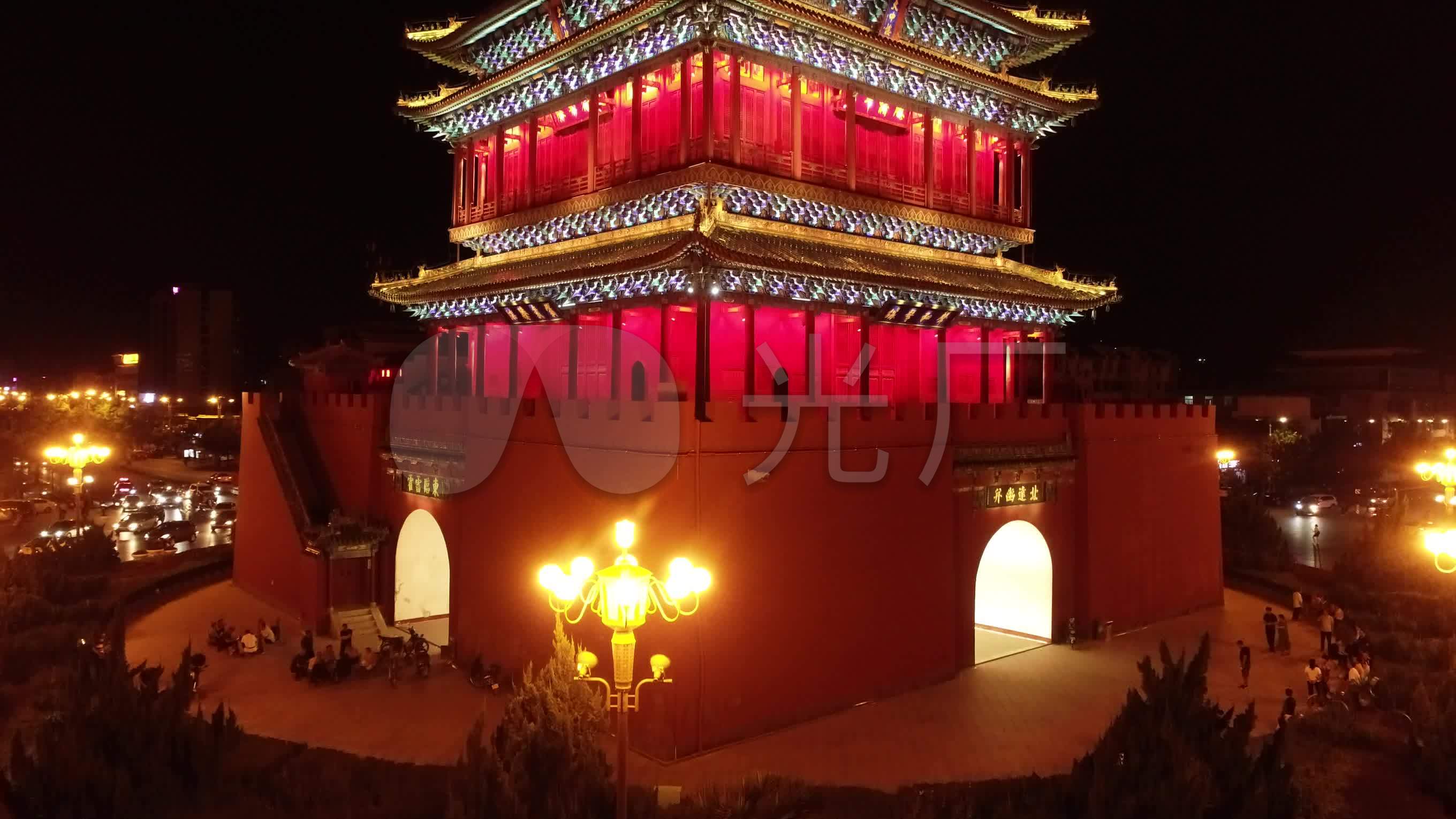 山西临汾鼓楼夜景航拍