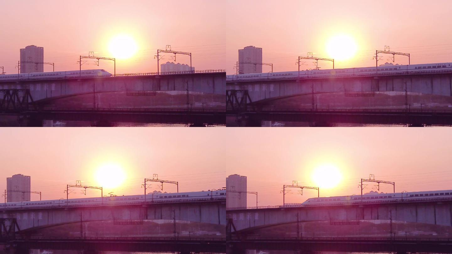 夕阳下的高铁列车唯美镜头