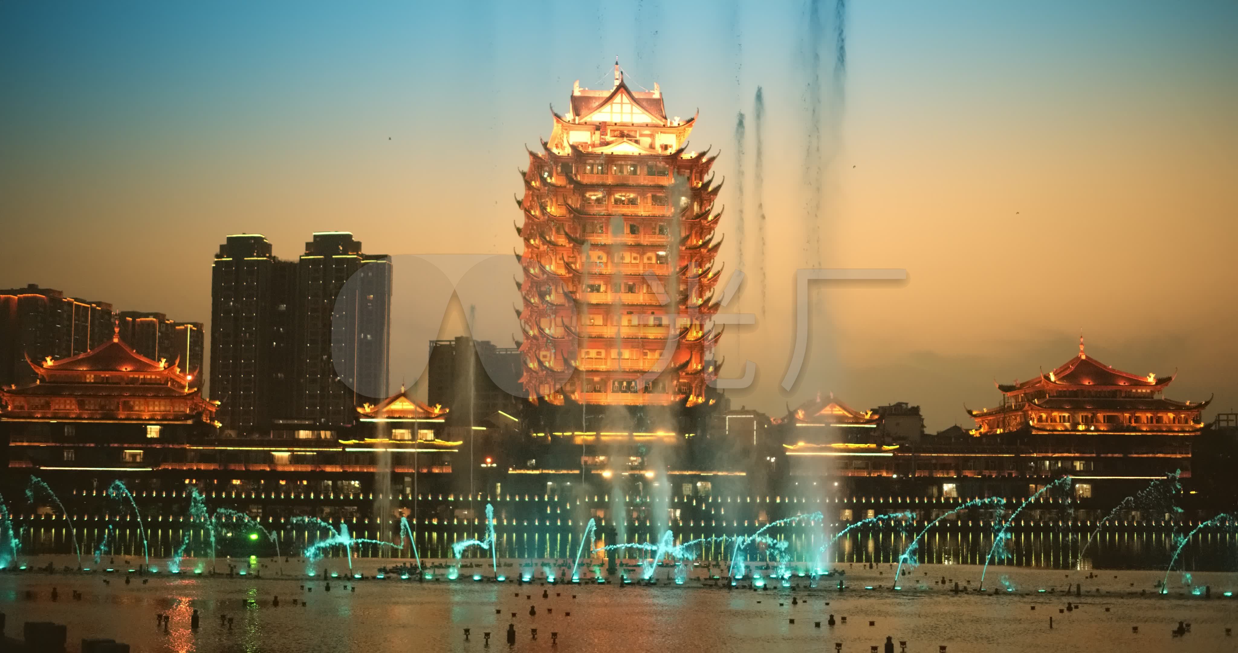眉山远景楼音乐喷泉夜景2_4096x2160_高清视频素材(:)