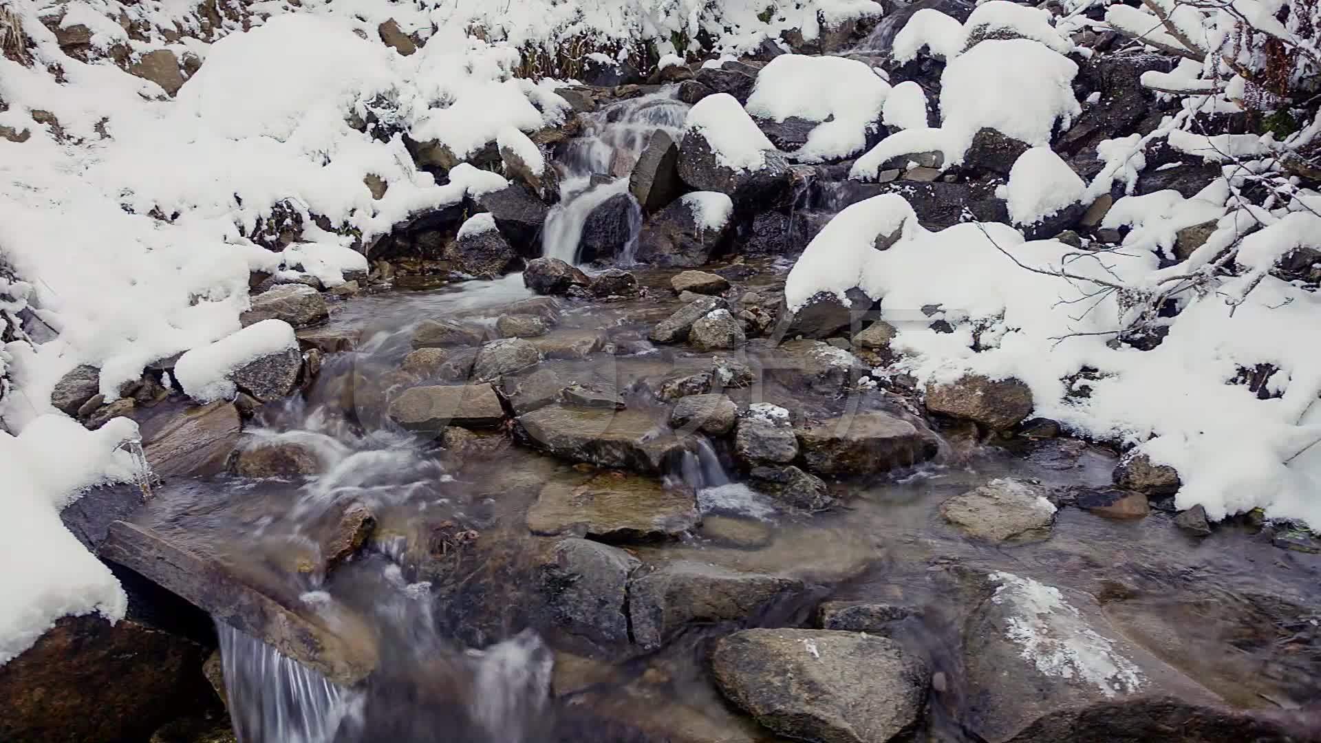 积雪溪流水流冬季美景雪景春天河流融化