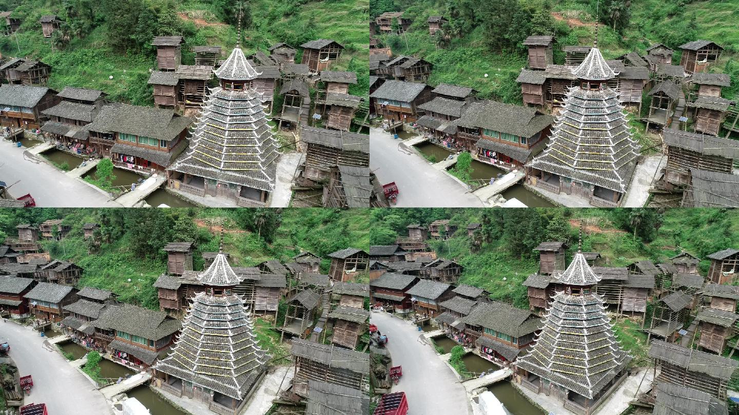 贵州黔东南州黎平黄岗侗寨鼓楼航拍特写环绕