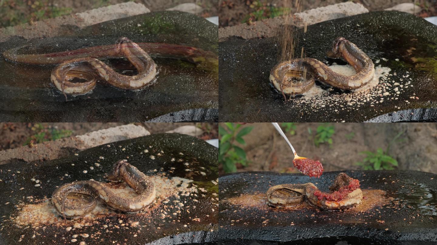 野外石板烧烤黄鳝鱼