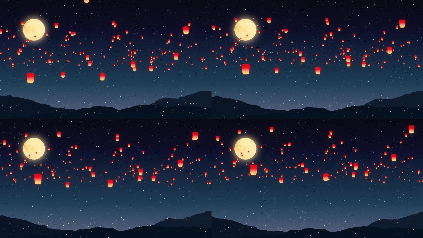 夜晚月亮放飞孔明灯
