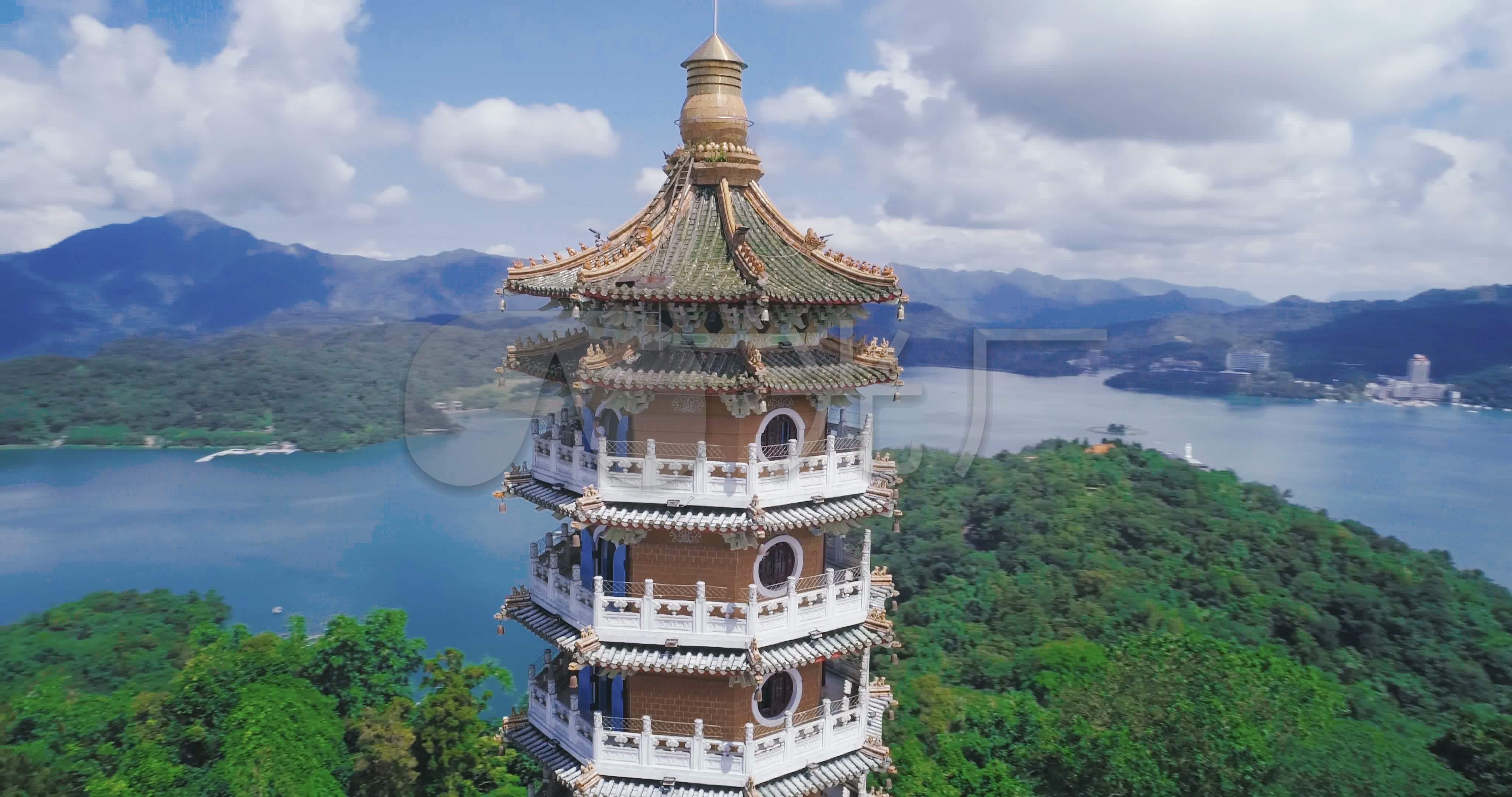 台湾南投日月潭柏慈塔鸟瞰图