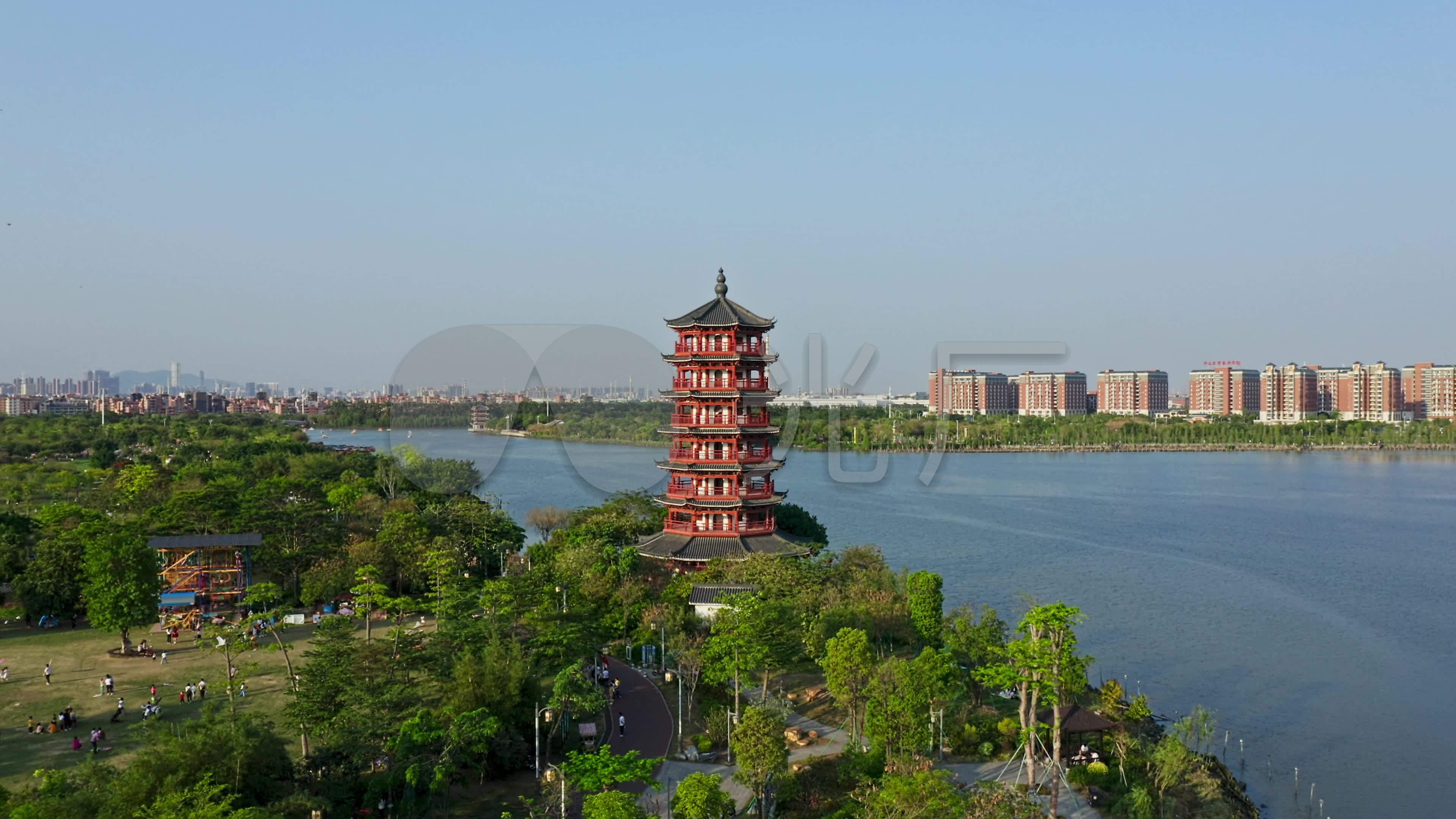 东莞航拍华阳湖湿地公园华阳塔后拉