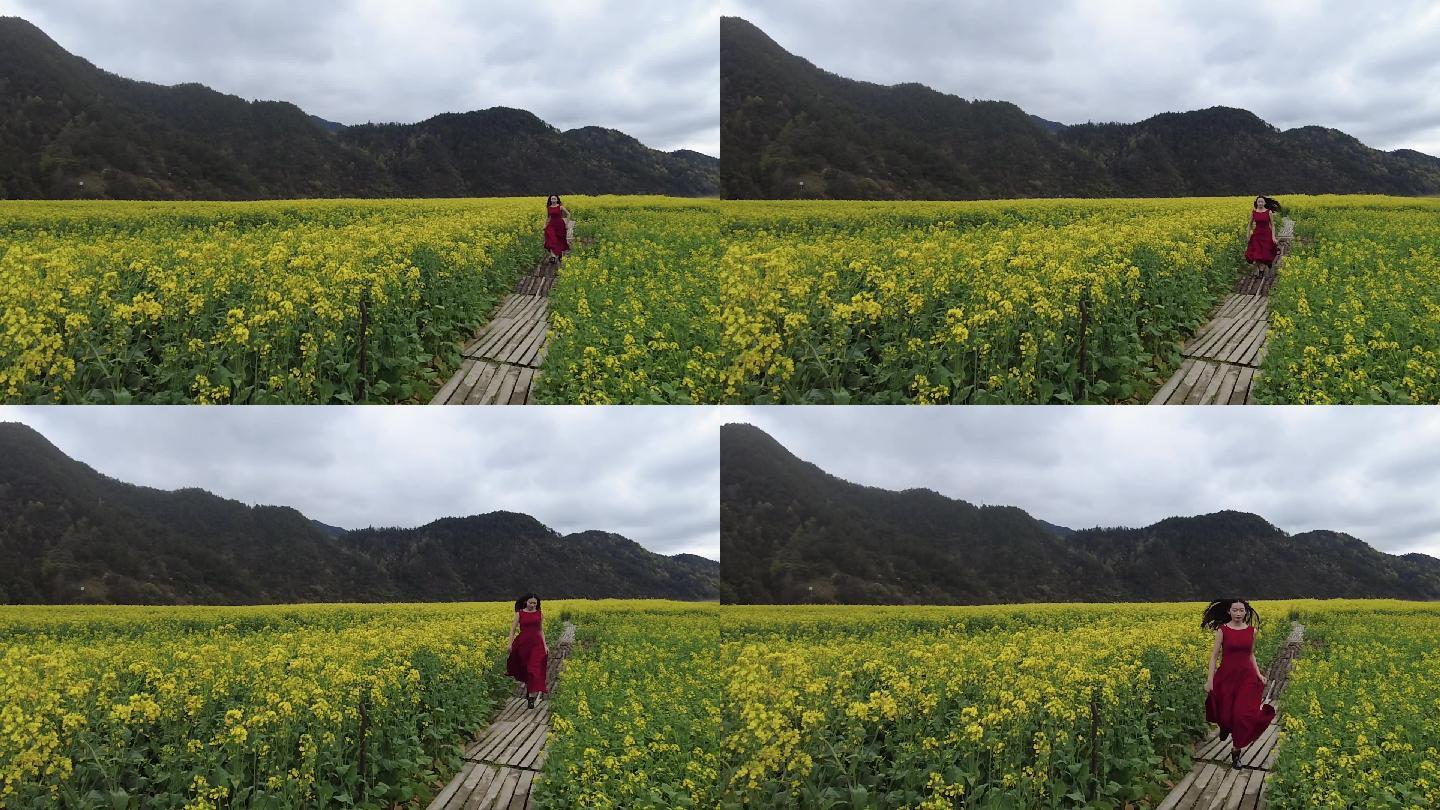 油菜花美女模特奔跑慢镜头