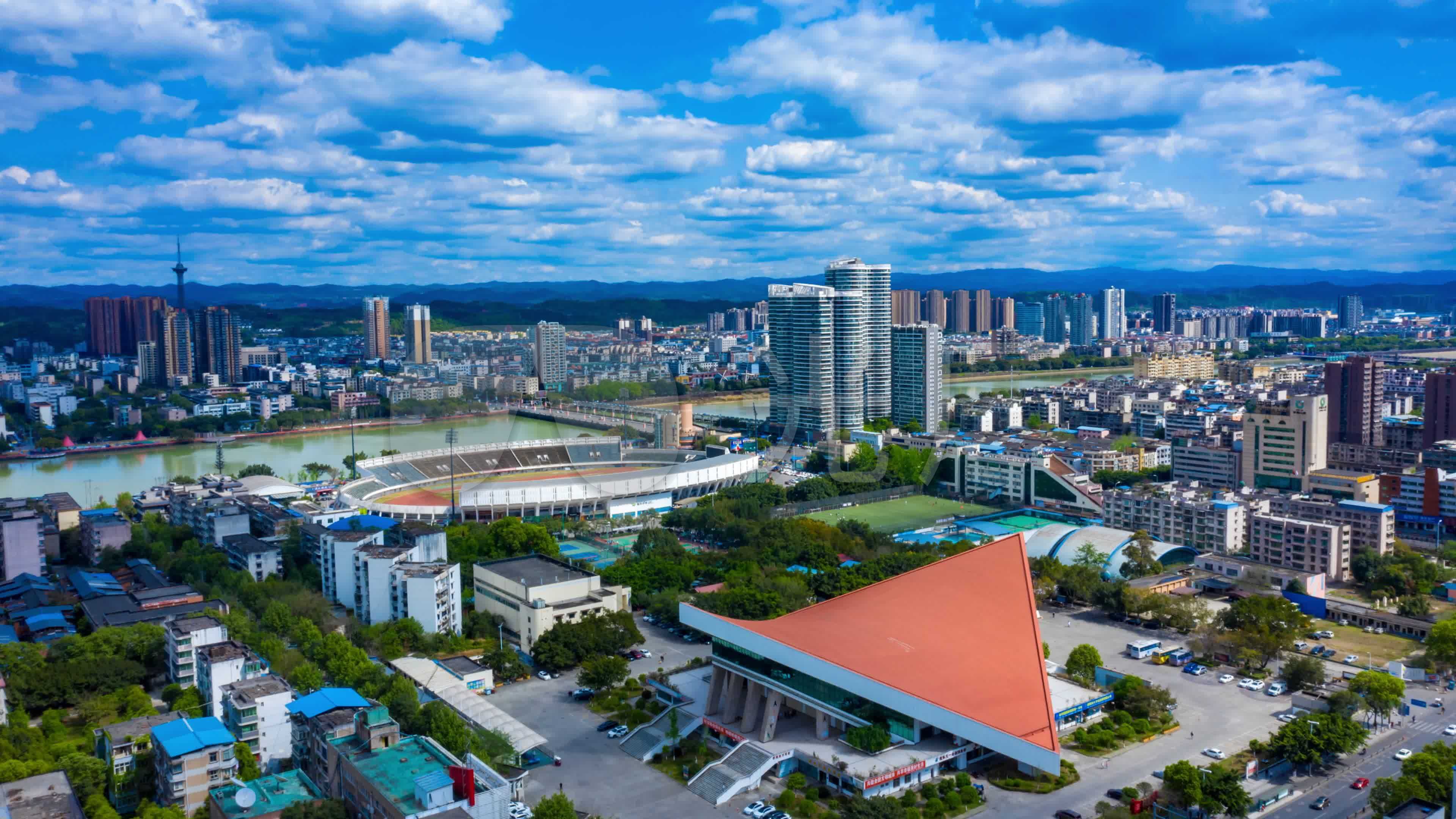 德阳体育馆航拍延时4k_3840x2160_高清视频素材下载(编号:5765345)