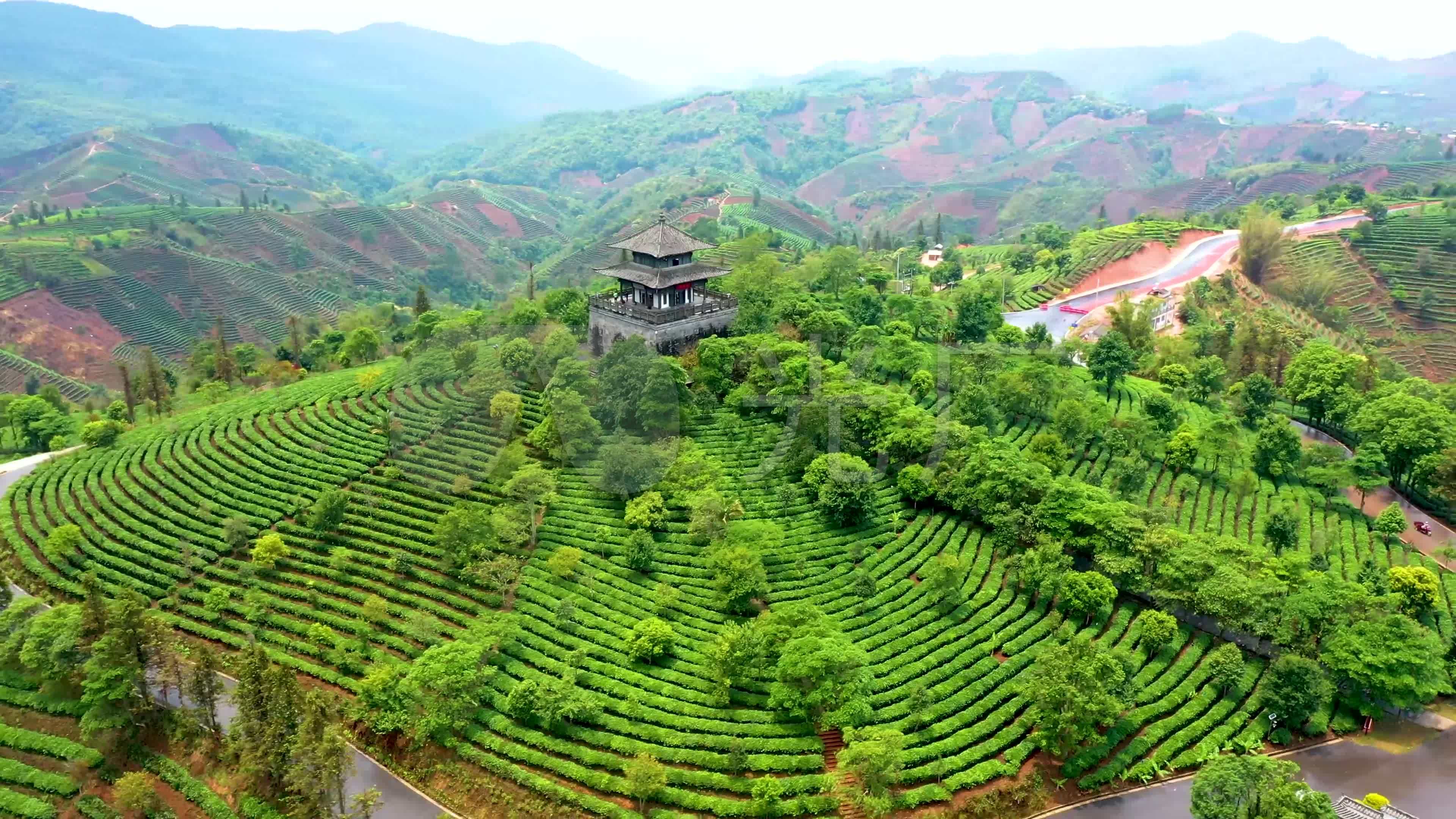 中国风云南普洱茶博园茶山春天航拍4k_3840x2160_高清