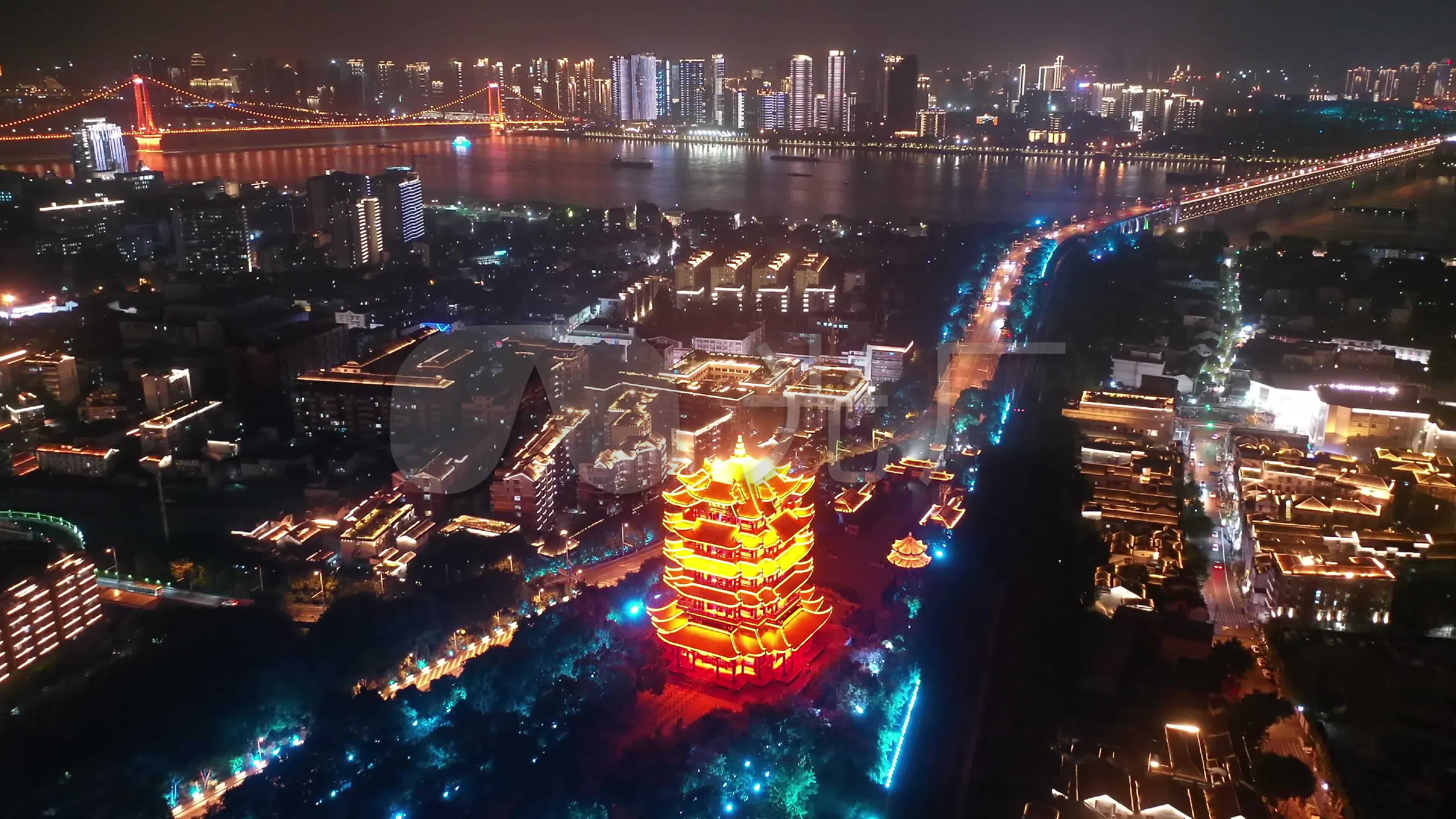 黄鹤楼夜景航拍素材_3840x2160_高清视频素材下载(:)