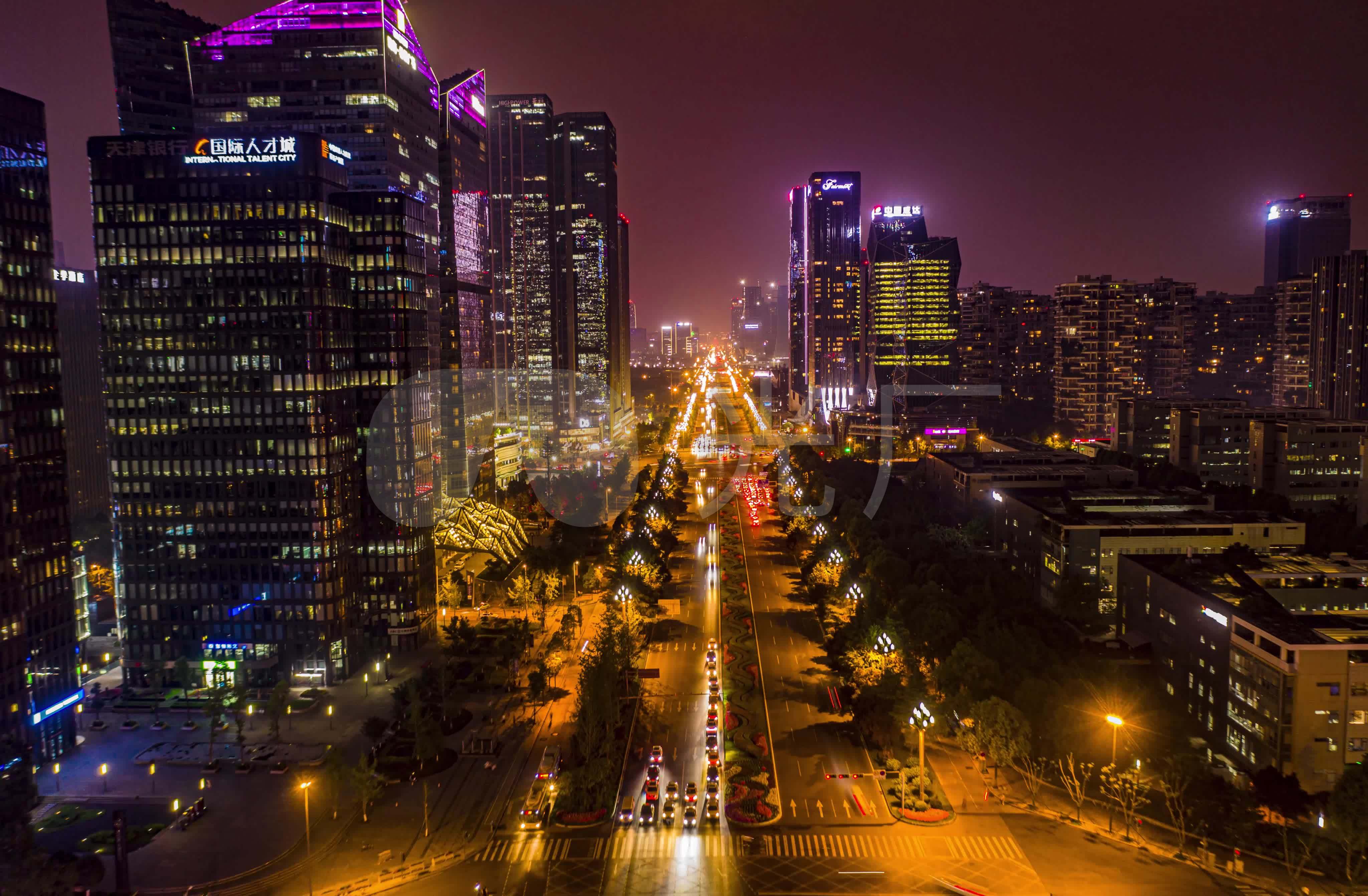 成都中轴天府大道夜景车轨航拍延时摄影4k