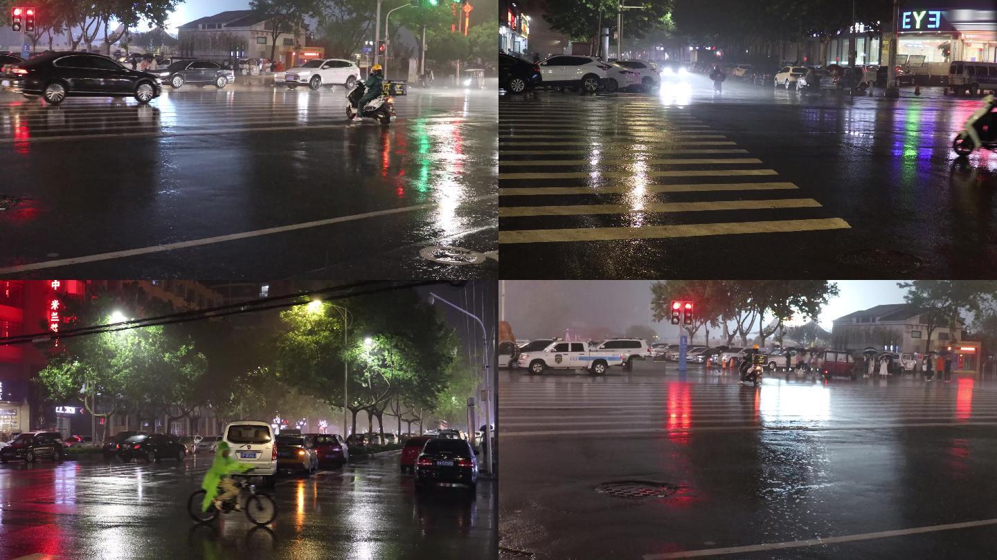 4k下雨天城市街道夜景