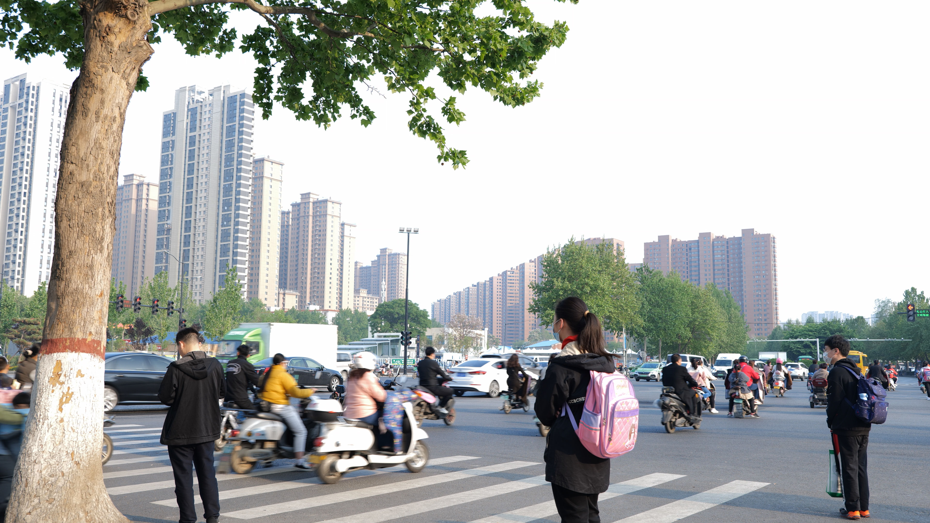 城市 马路 红绿灯 电动车 行人