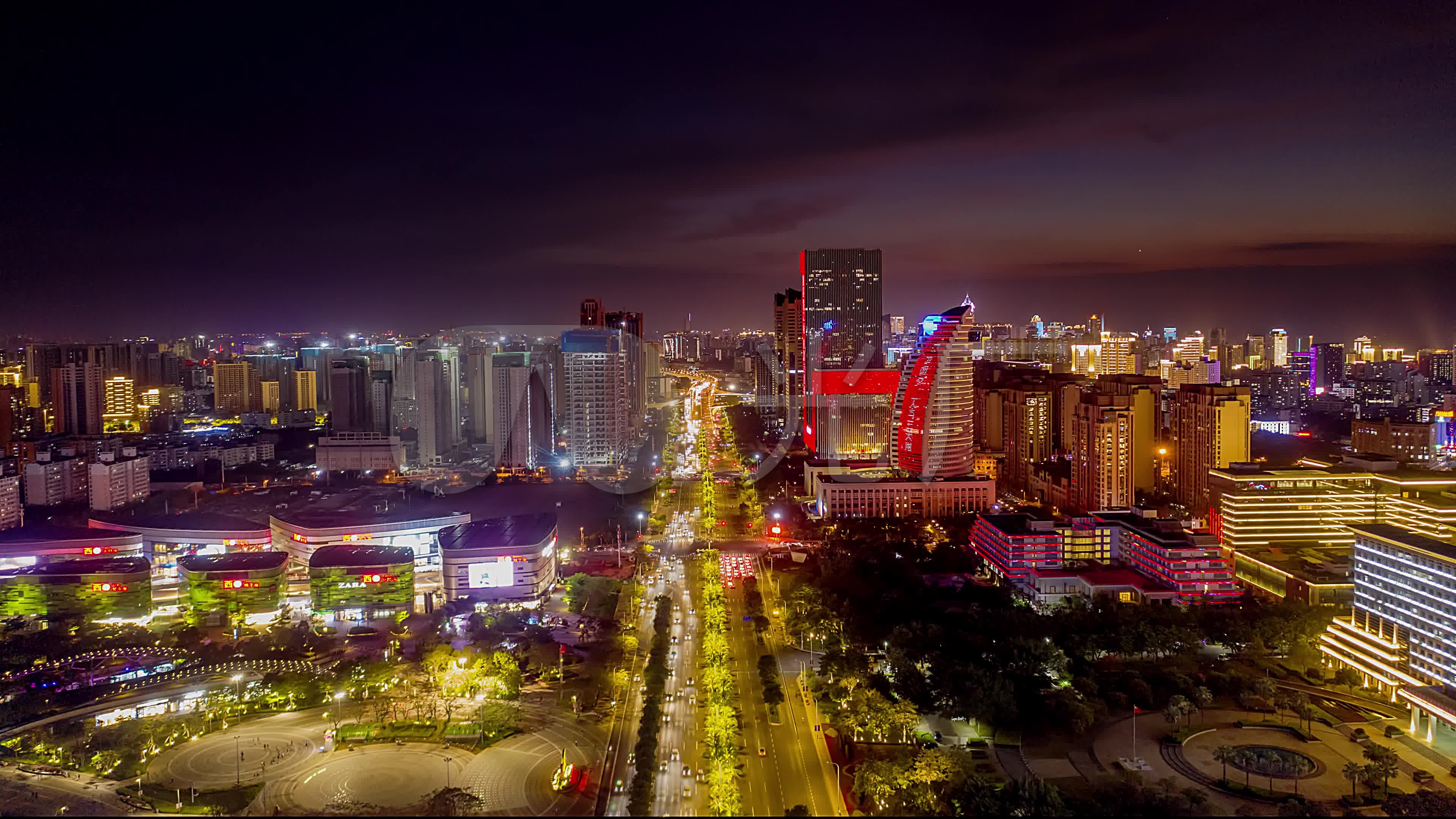 海南海口国兴大道夜景车流4k