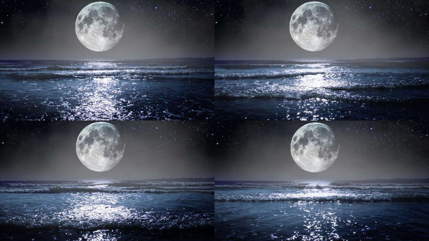雄伟水面背景夜晚蓝色水暮色沙滩大海倒影星空美满月月面月亮黑暗发光