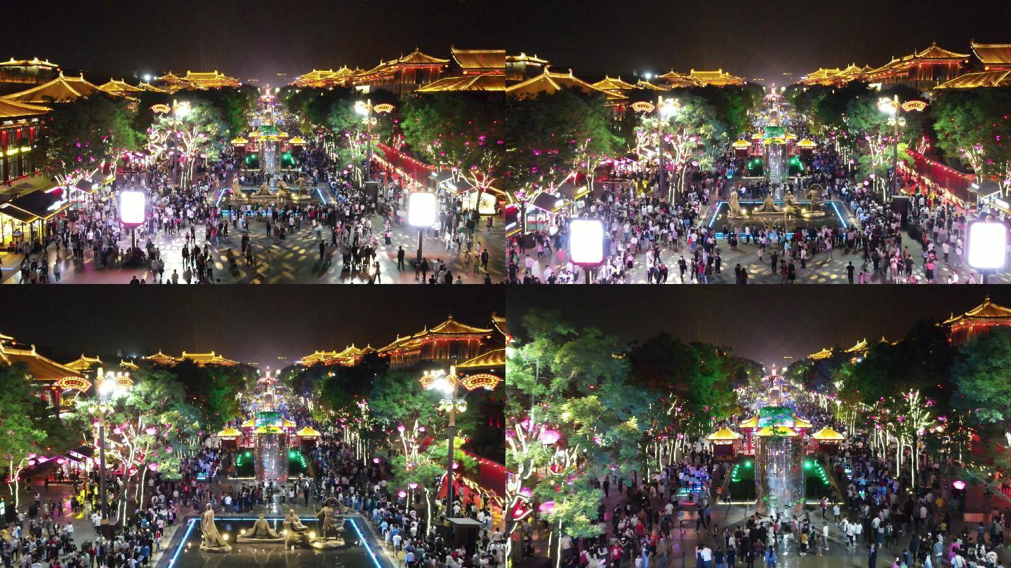 4k航拍西安大唐不夜城夜景步行街