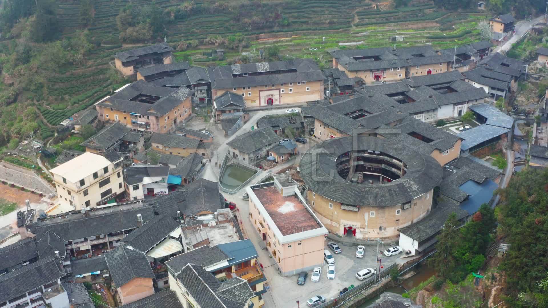 福建永定客家古镇土楼群高清航拍