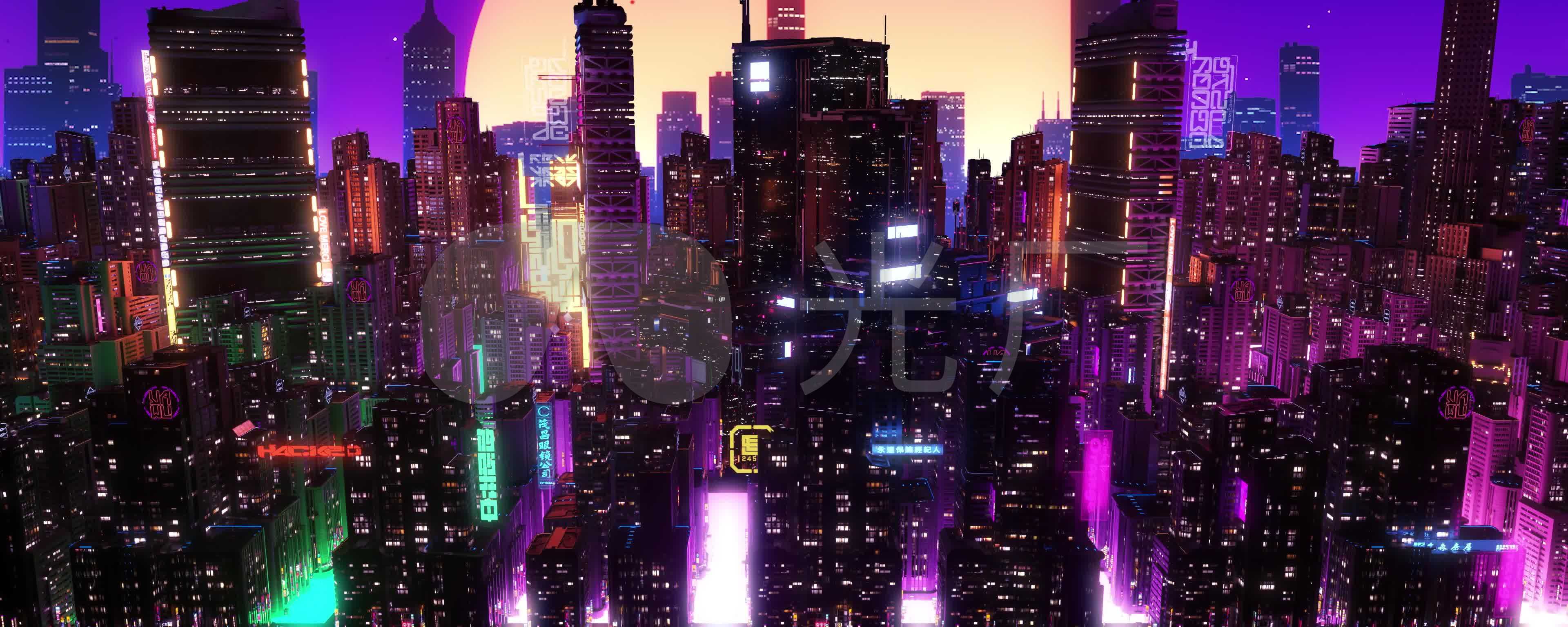 科幻未来赛博朋克城市夜景横移场景
