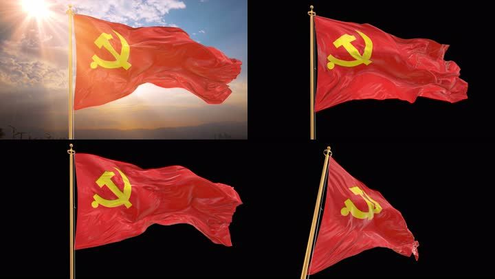 飘扬鲜红色鲜艳红色蓝天白云百年华诞党建红绸百周年党旗视频素材震撼