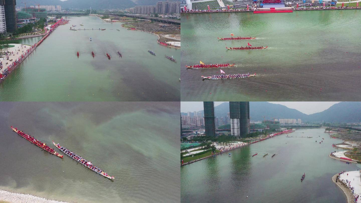 航拍温州瓯海亚运龙舟基地比赛画面