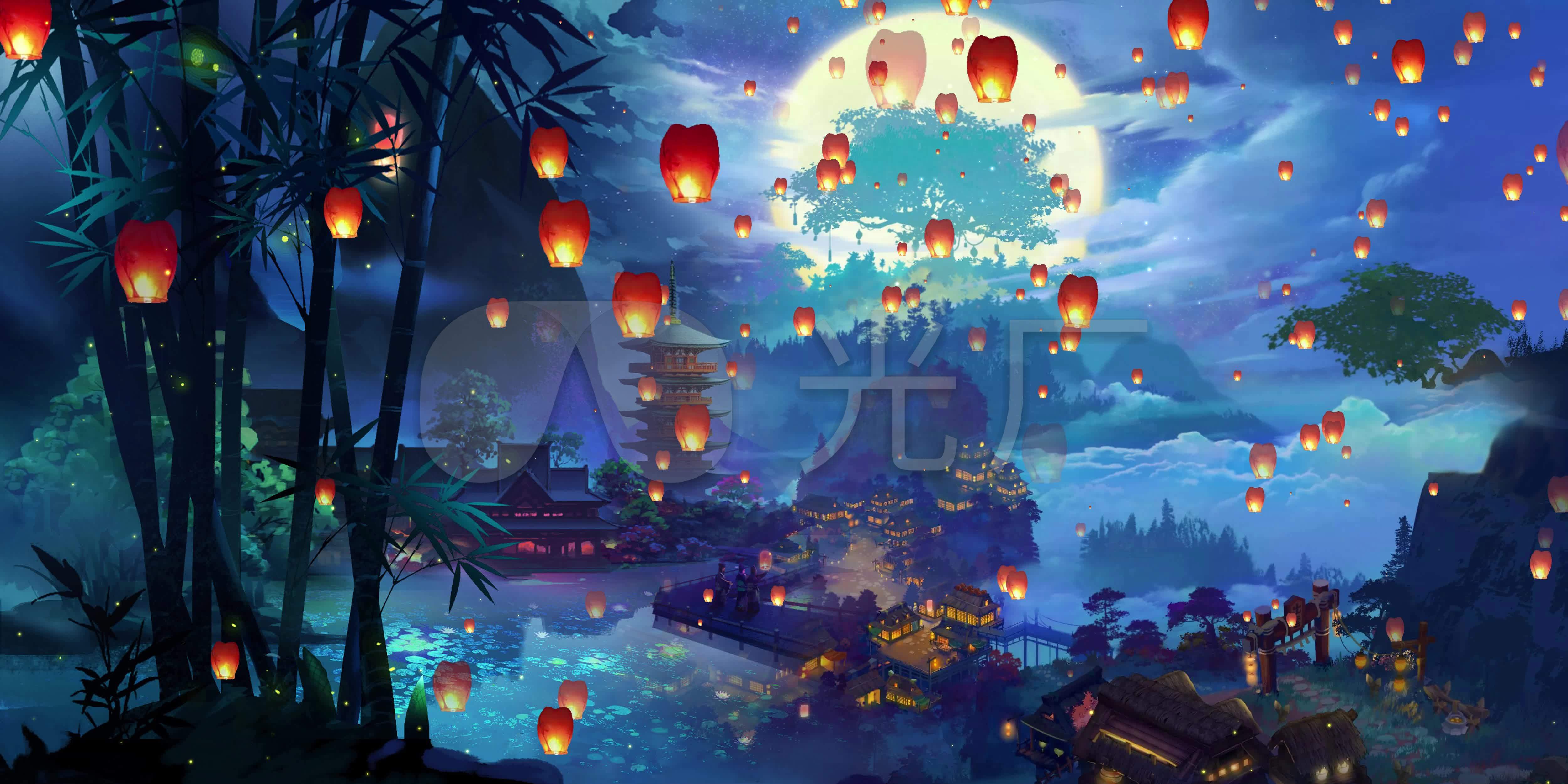古风唯美夜晚led大屏背景素材