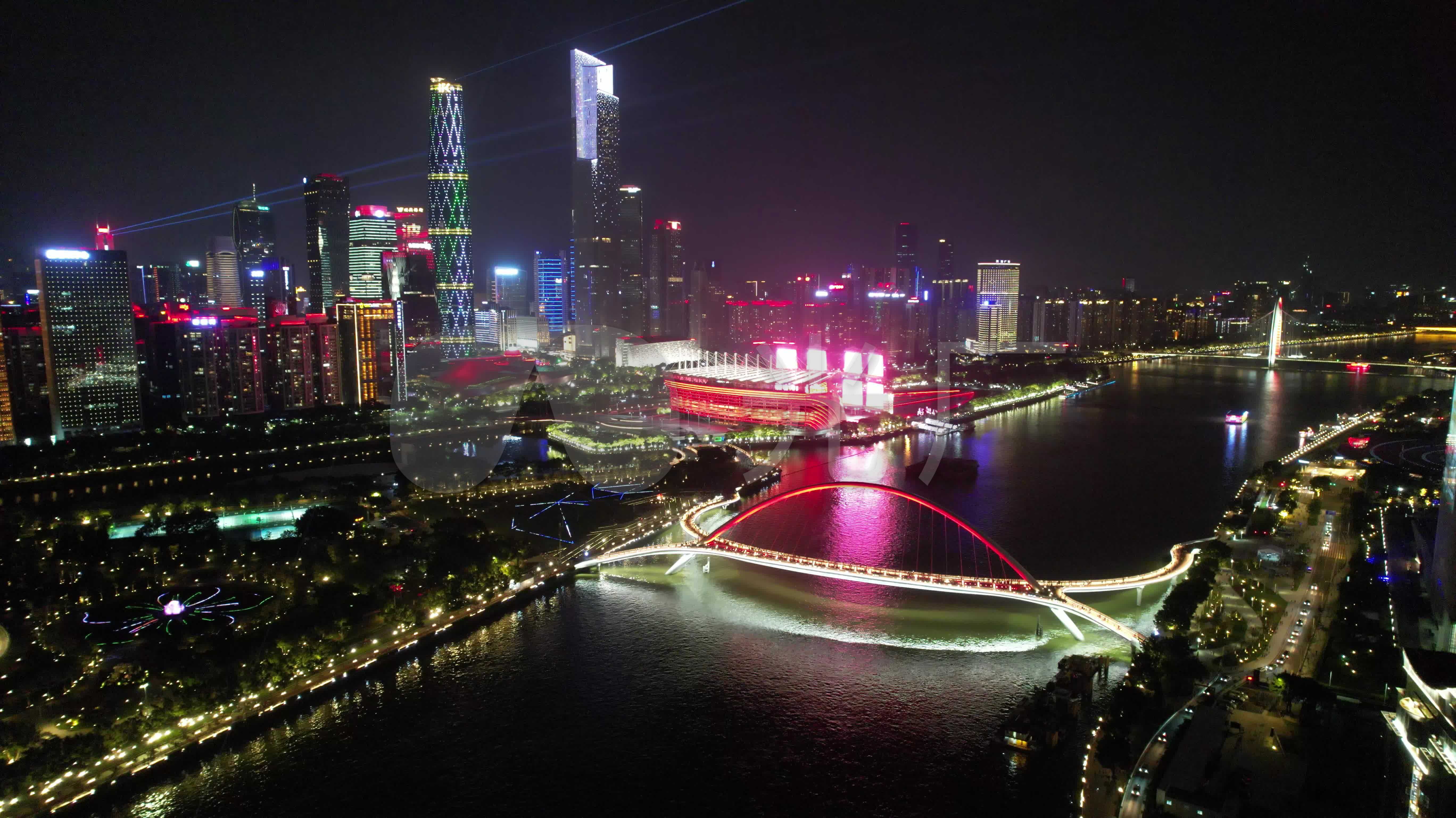 航拍54k广州海心桥夜景及广州大桥