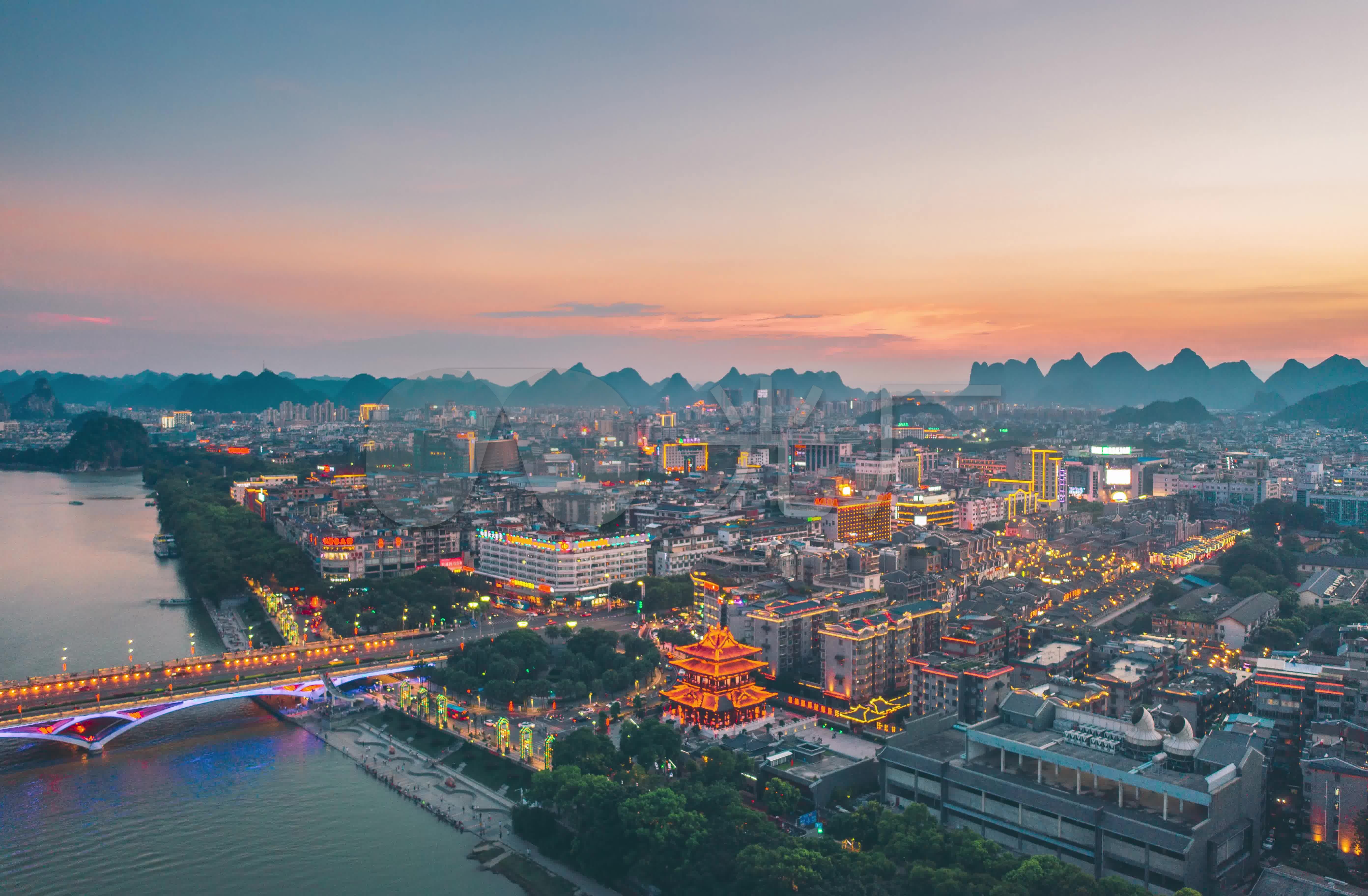 桂林夜景航拍延时风光城市大气风景日落