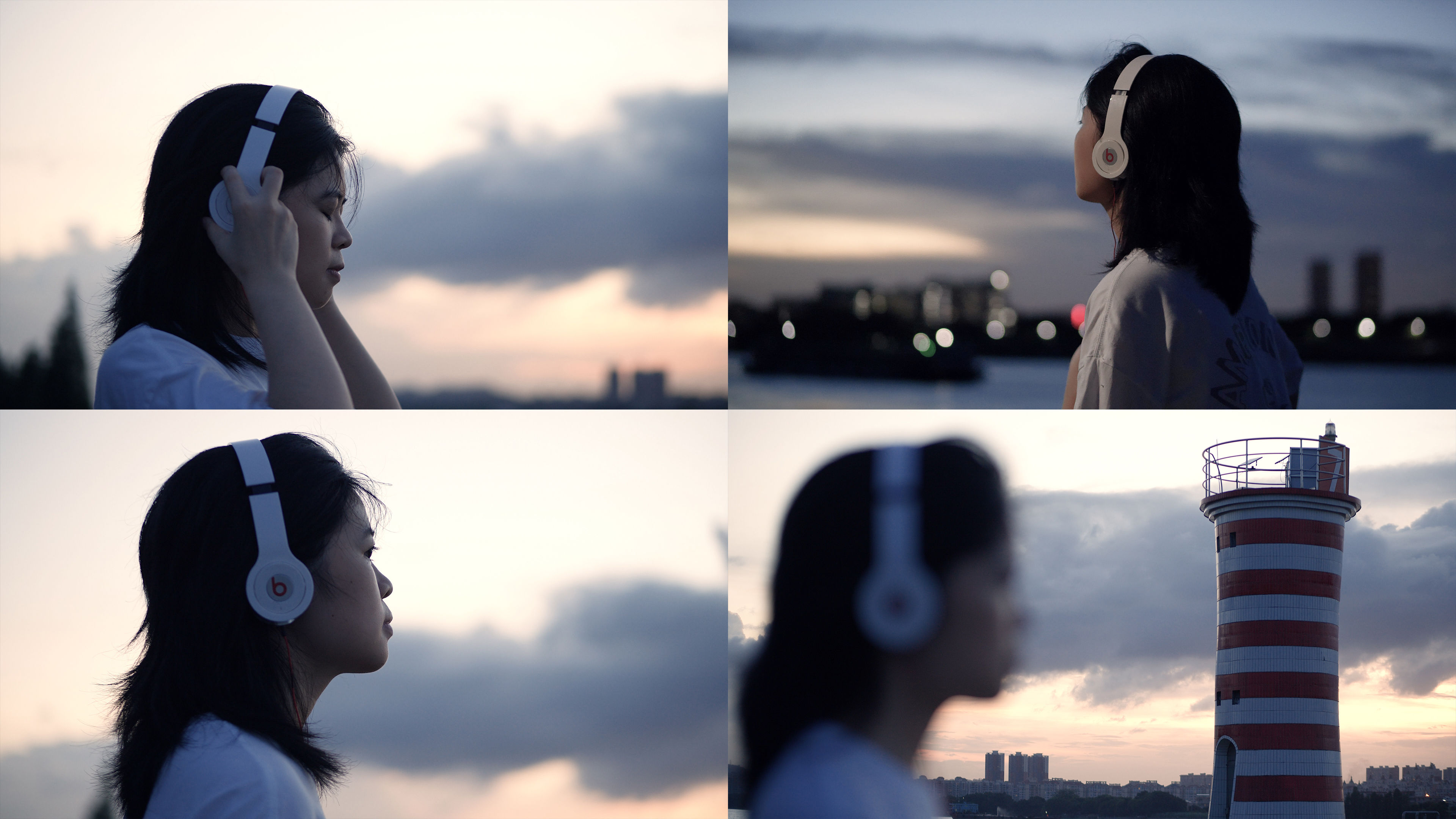 傍晚女孩在江边戴着耳机听歌4k视频素材