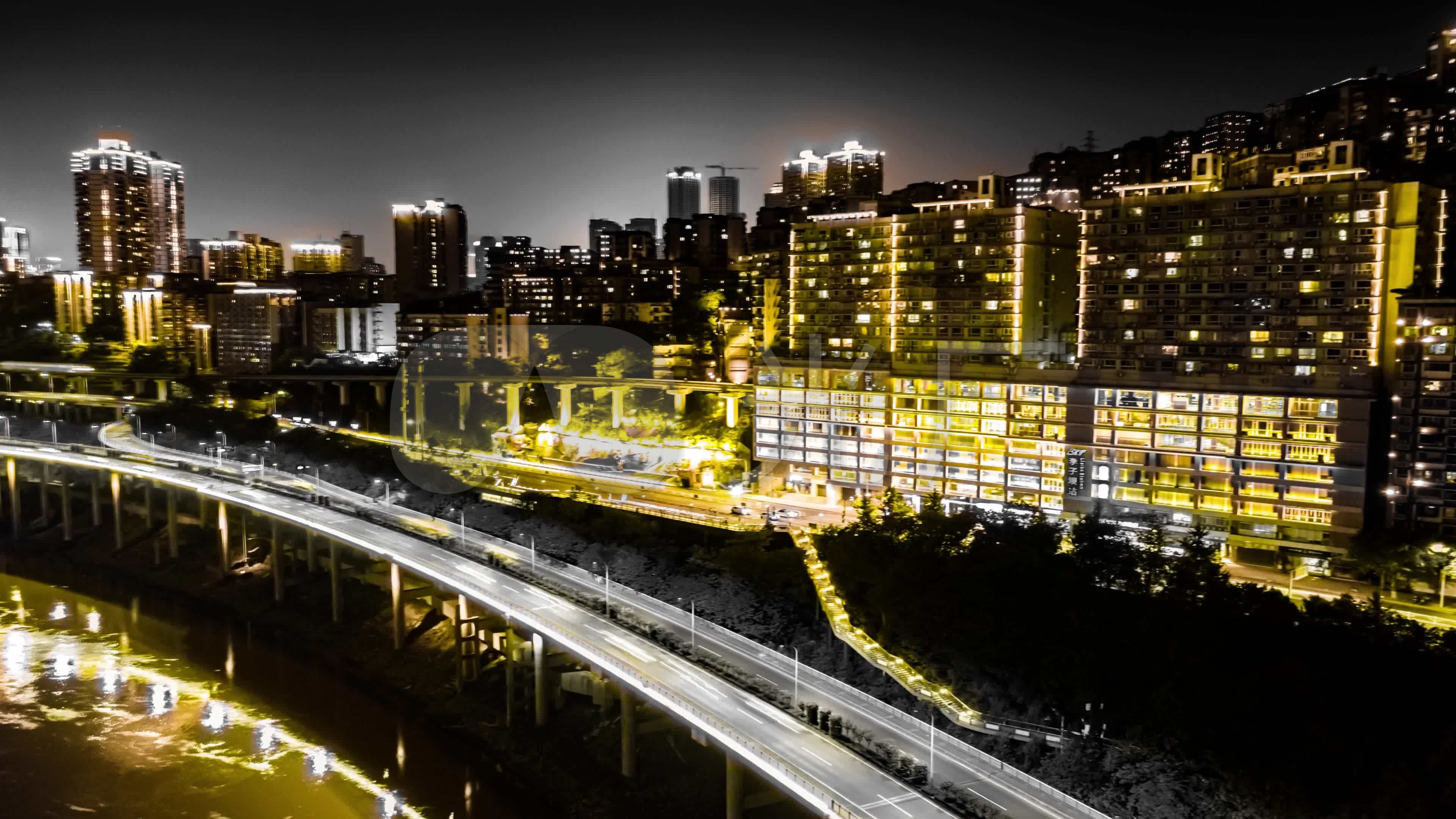 4k重庆李子坝轻轨站黑金夜景航拍延时_3840x2160_高清视频素材下载