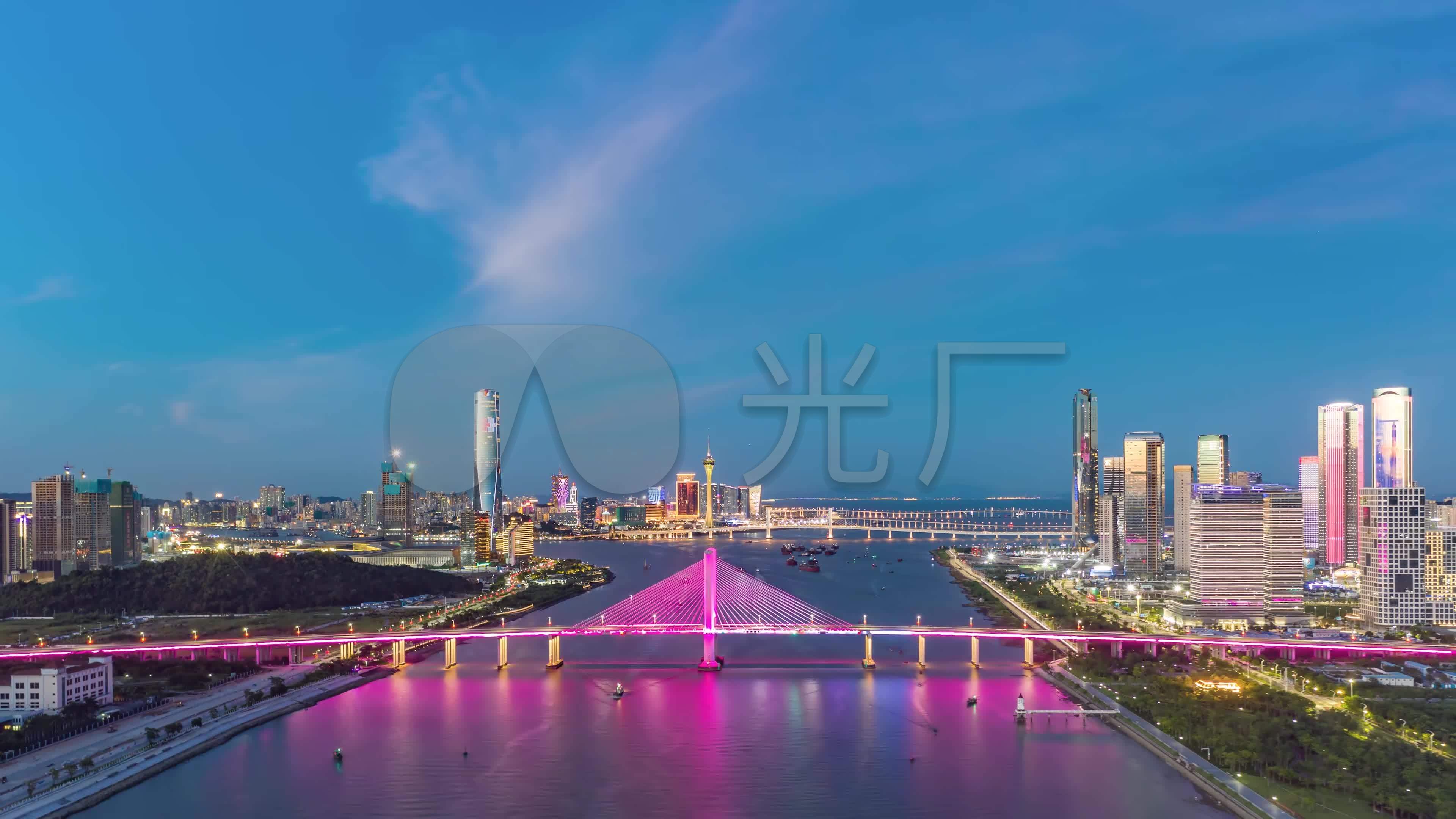 航拍延时珠海横琴大桥十字门商务金融区夜景