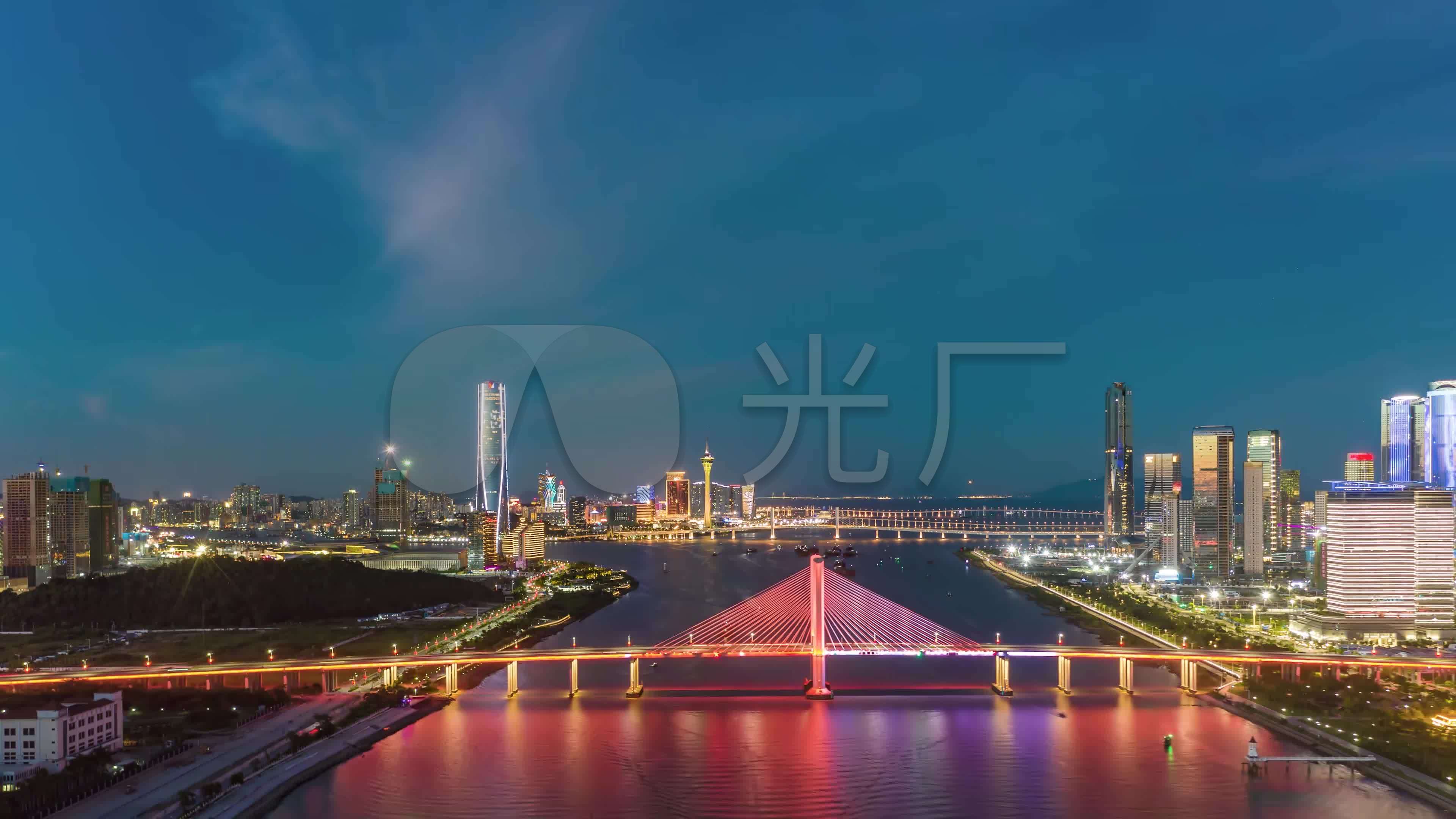 航拍延时珠海横琴大桥十字门商务金融区夜景