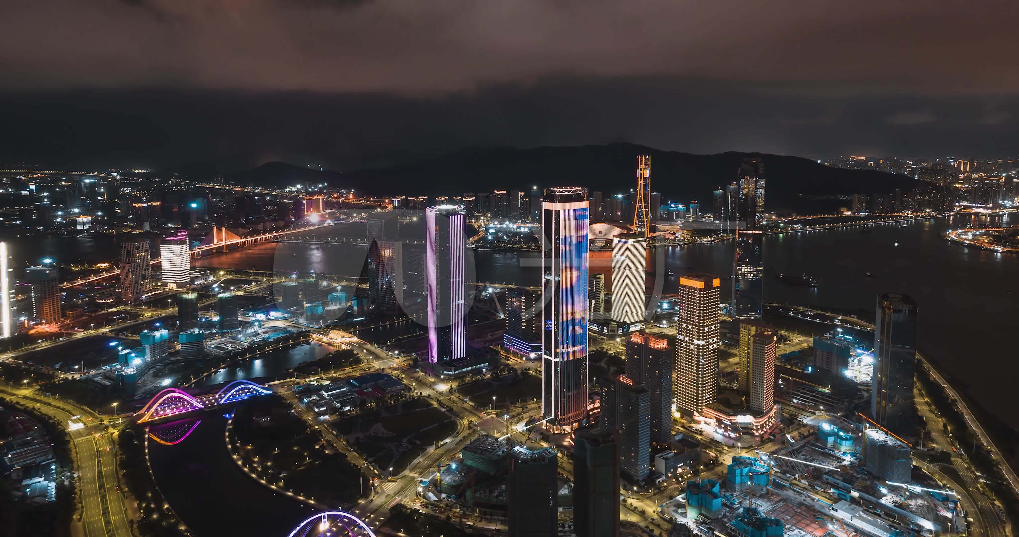 珠海横琴航拍ifc夜景有闪电划过4k素材