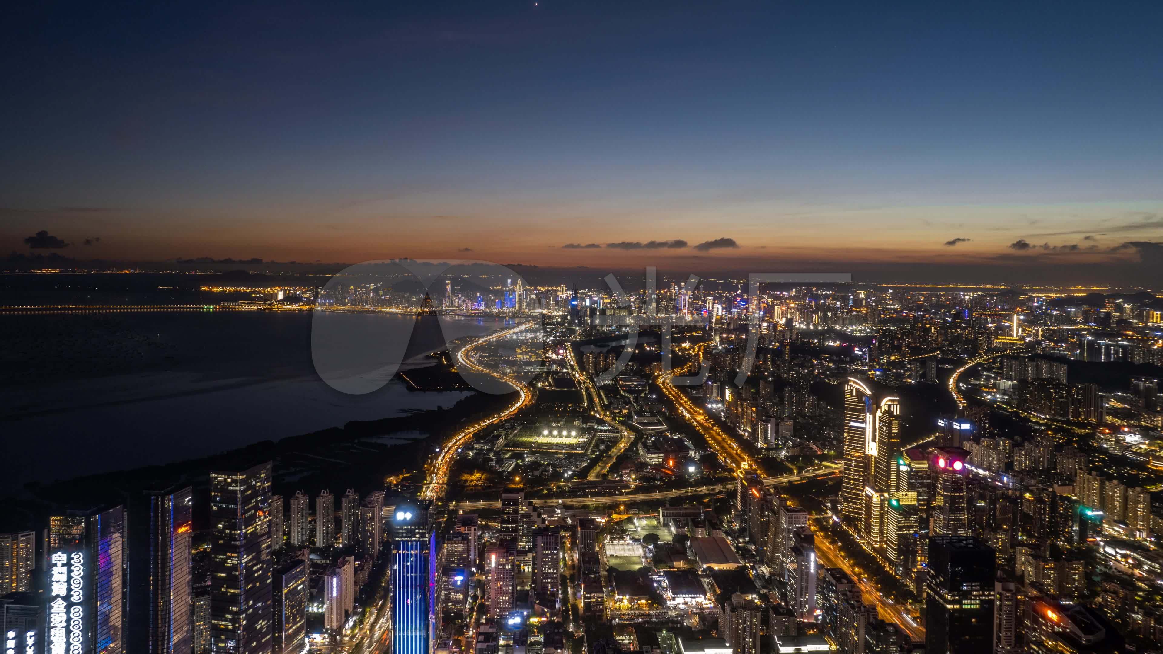 深圳市深圳湾滨河大道移动延时航拍晚霞夜景