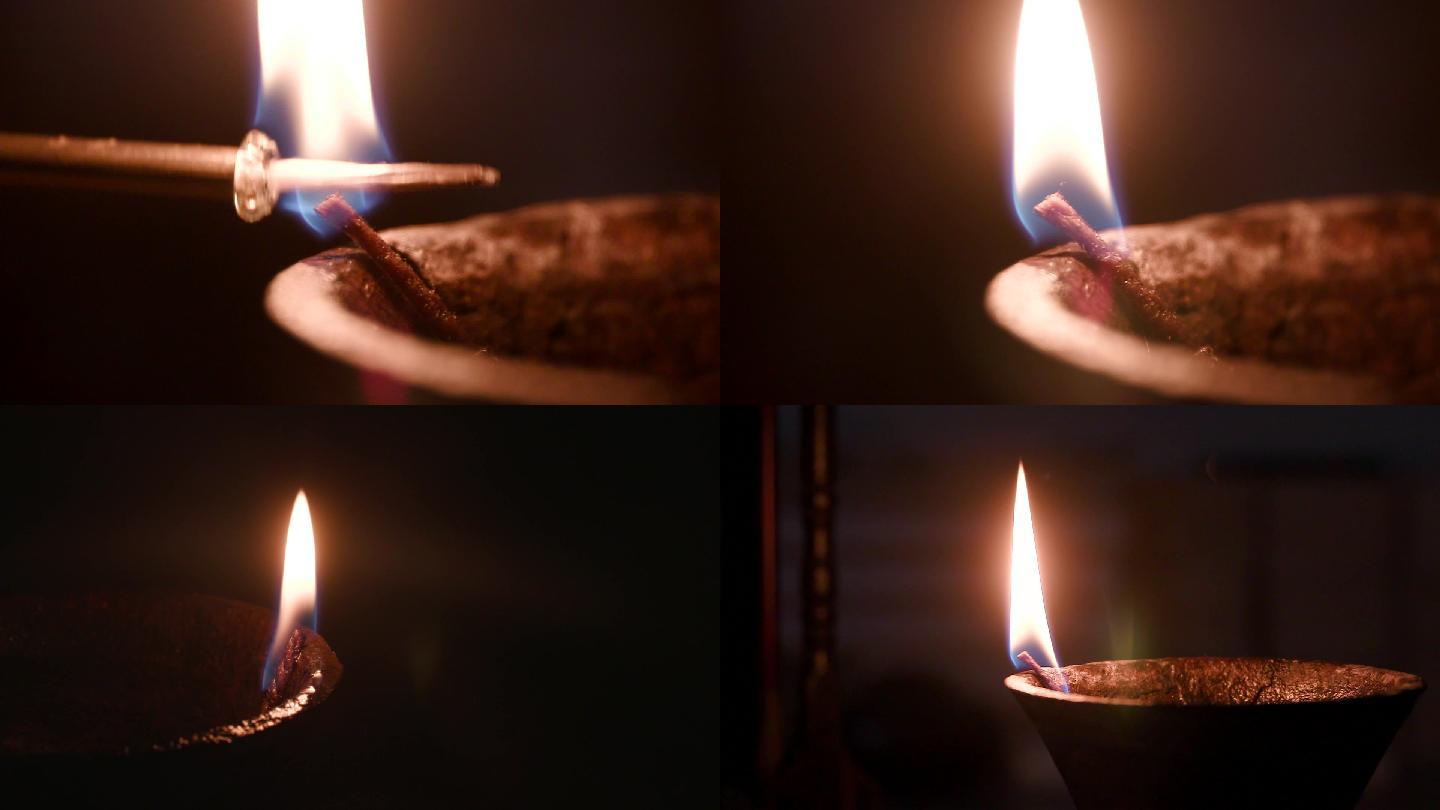点油灯,油灯特写,油灯熄灭,黑夜点灯