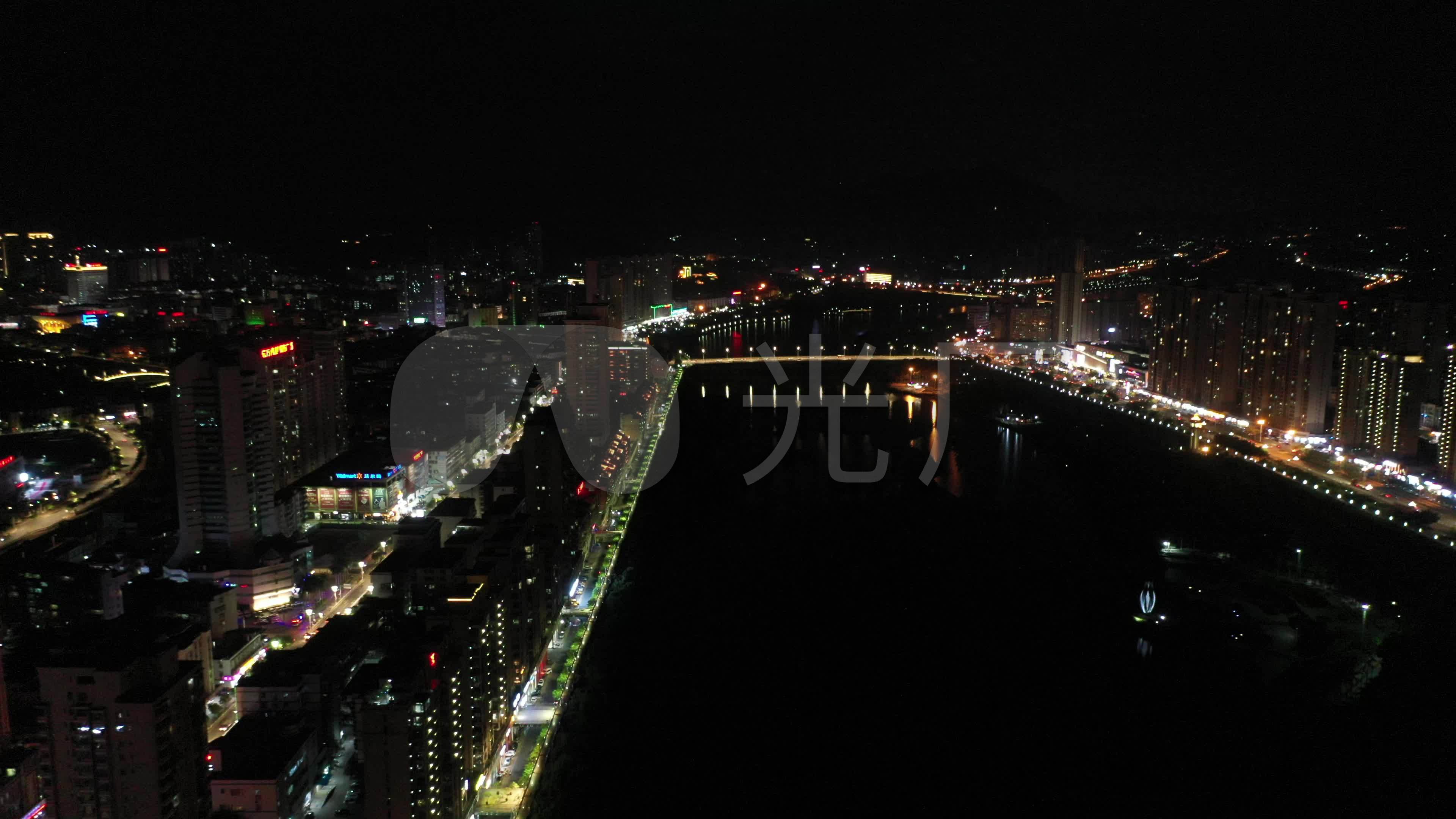 南安市城市夜景航拍城镇小镇夜晚河流两岸桥