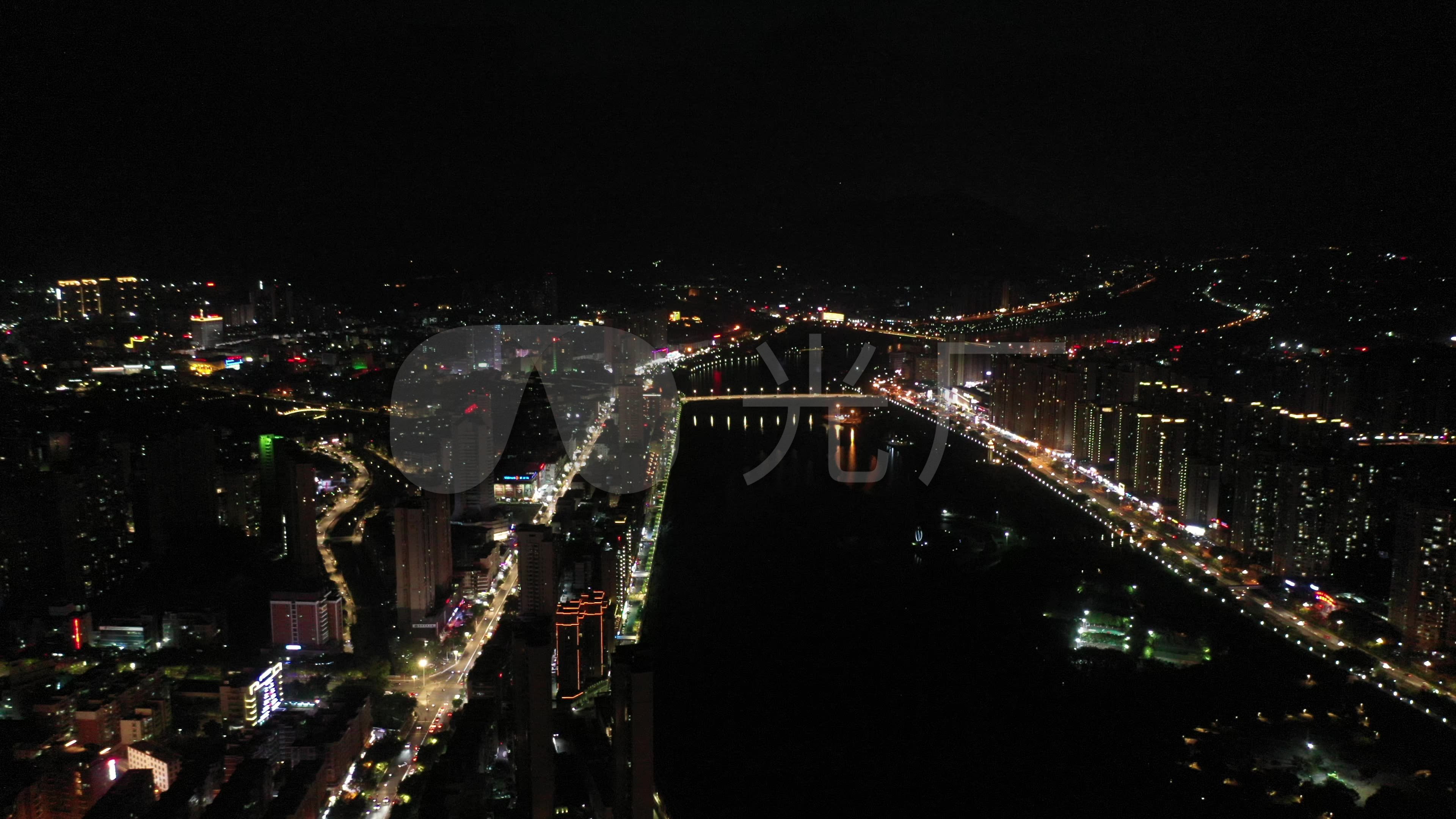 南安市城市夜景航拍城镇小镇夜晚河流两岸桥
