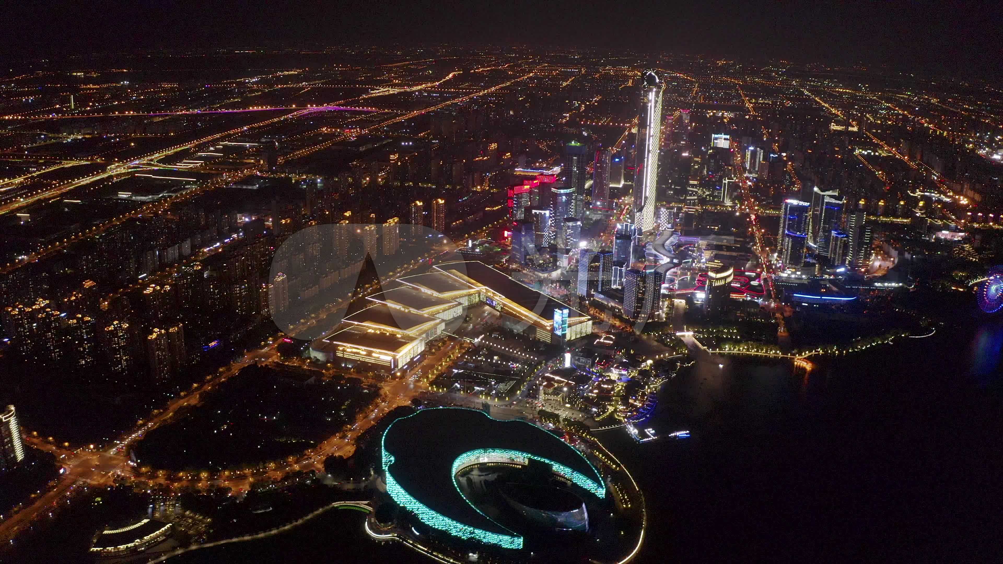 苏州工业园区cbd城市美丽夜景4k航拍